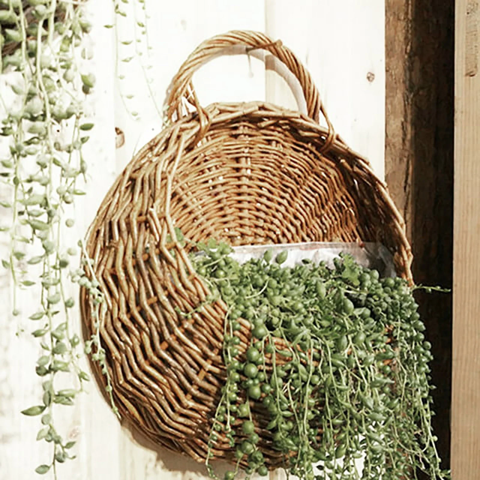 LHWEN Seagrass Belly Basket Wall Fence Hanging Planter Handmade Rattan Basket Hand Made Wicker Rattan Flower Basket Flower Pots Hanger Garden Decoration Indoor Outdoor Watering Hanging Baskets