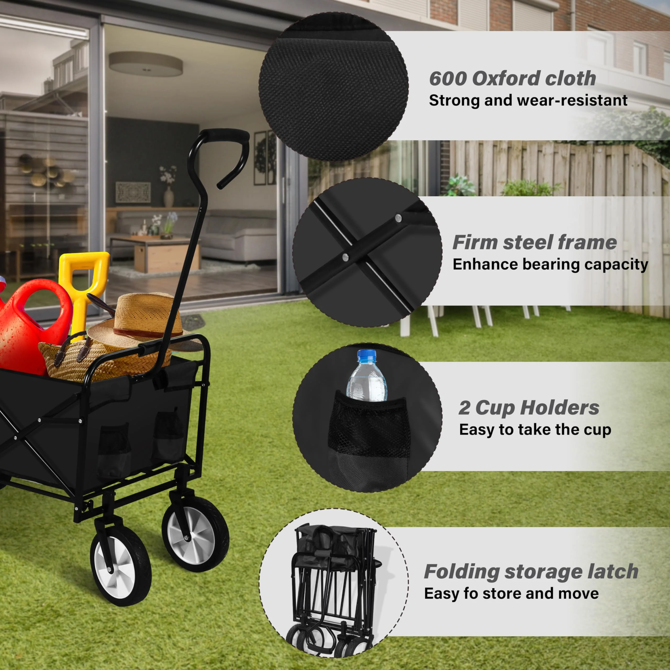 Folding Garden Cart PRO, Collapsible Handy Wagon with 360 Degree Swivel Wheels & Adjustable Handle,220lbs Weight Capacity,Black