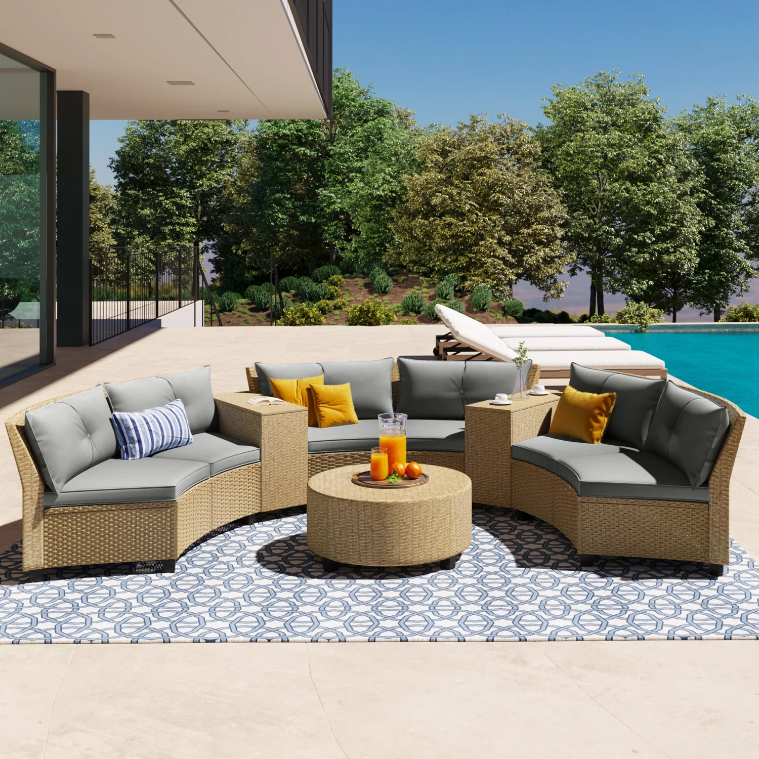 Stylish and Comfortable 6-Person Fan-Shaped Rattan Suit Combination with Cushions and Table - Outdoor Furniture Set for Relaxing and Entertaining [VIDEO provided]