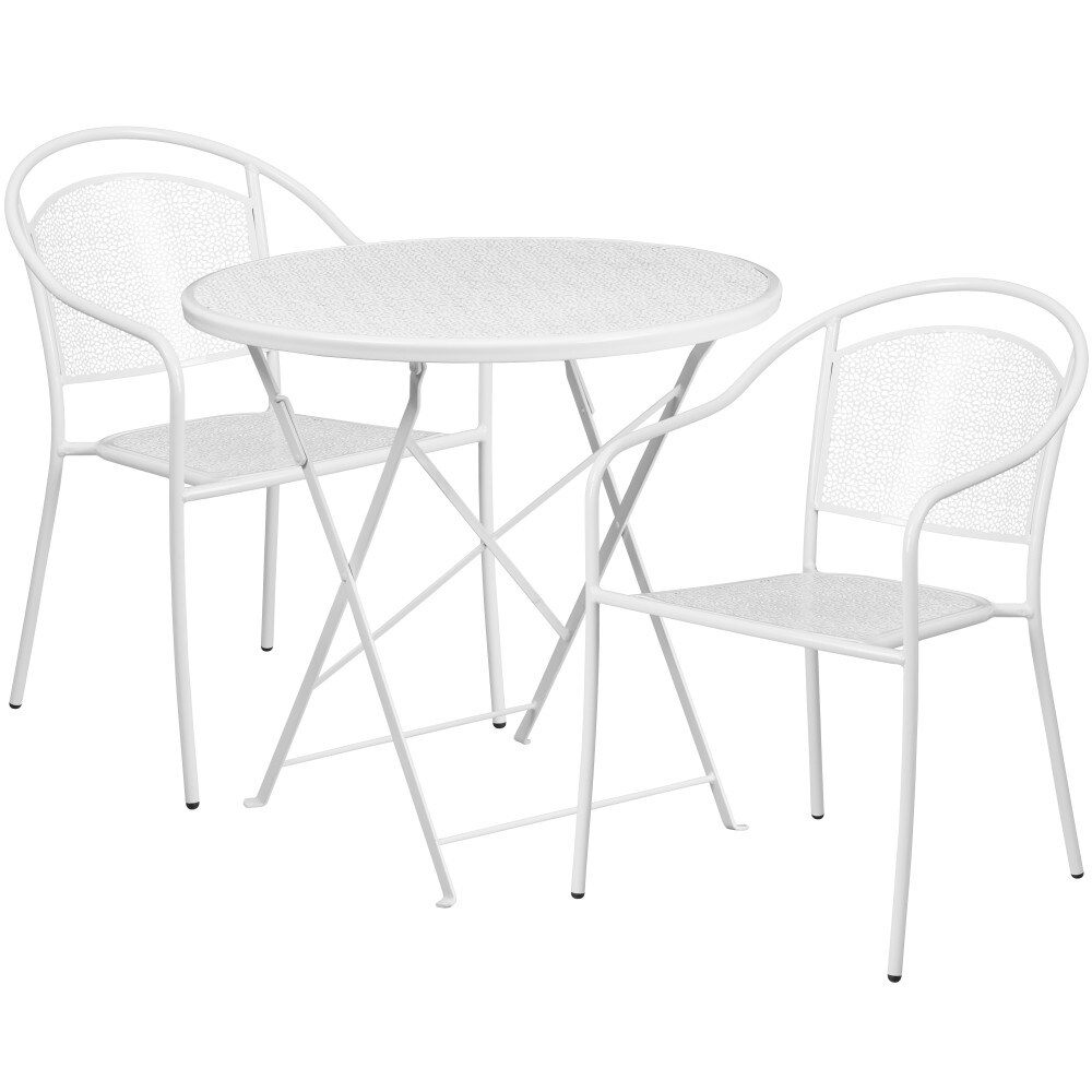 Flash Furniture 30'' Round Indoor-Outdoor Steel Folding Patio Table Set with 2 Round Back Chairs White
