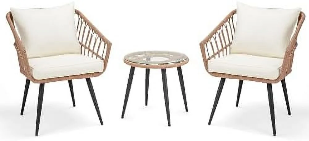 LNSETGC 3 Pieces Wicker   Patio Rattan Dining Set with Glass Top Table and Cushions  Outdoor Conversation  Set for Porch  Backyard and Garden (Grey)