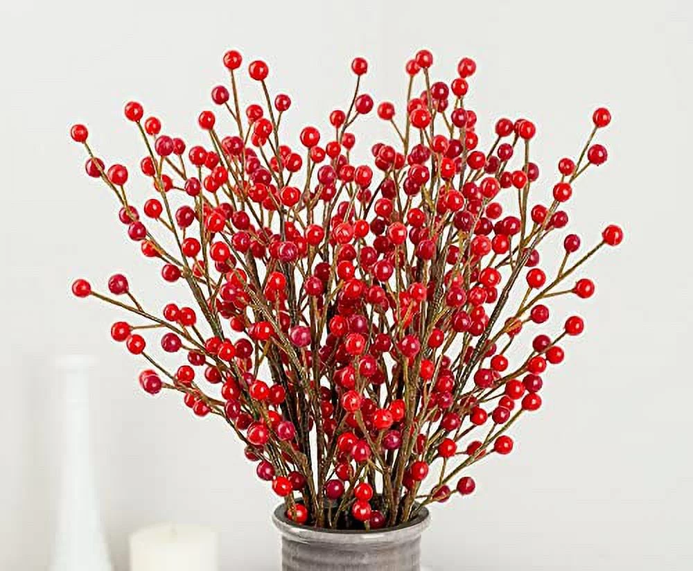 12 Artificial Rich Christmas Red Weatherproof Berry Stem Branches - Waterproof Berries For Indoor And Outdoor Wreaths, Flower Arrangements, Porch Pots, & Christmas Decorations
