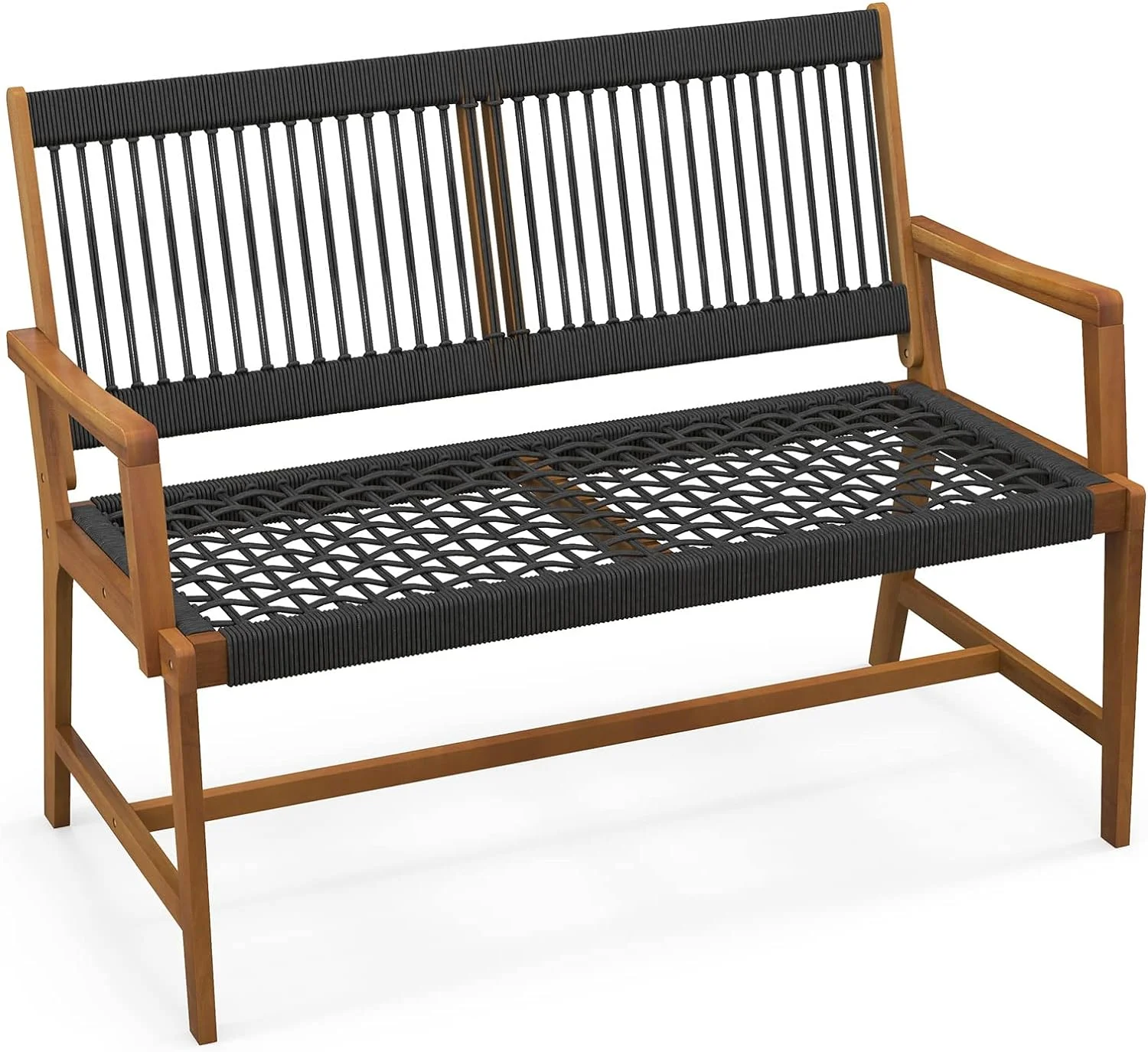 CHIDSL TUIONMJ 2-Person Patio Acacia Wood Bench Loveseat Chair  Outdoor Patio Bench Acacia Wood Bench in Teak Oil Finish  Patio Loveseat Rope Bench for Balcony Deck Poolside Porch (Grey)