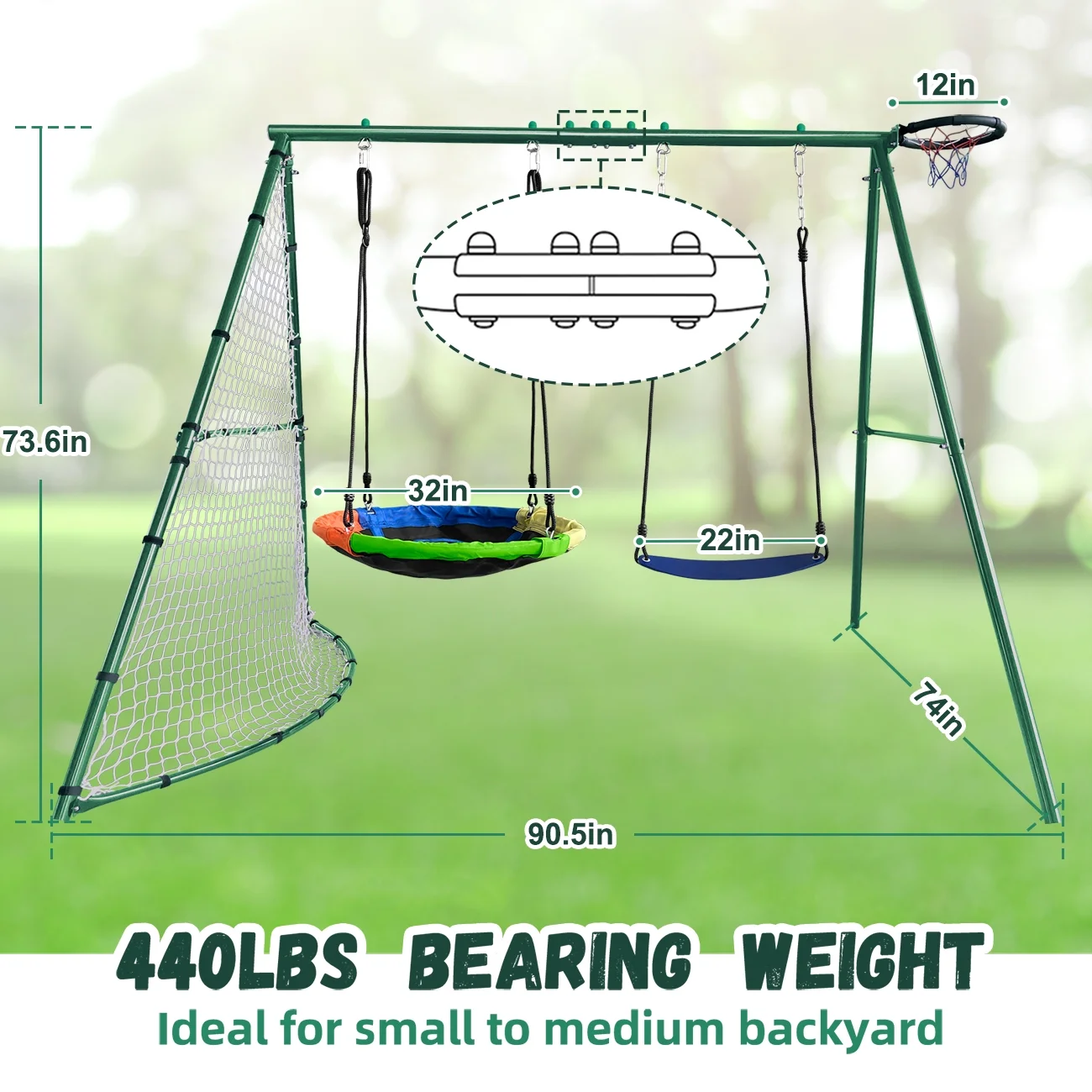 Swing Set for Backyard A Frame Stand, Football Net, Basketball Hoop, Platform Swing and Belt Swing for Kids from 3-8 Years Old