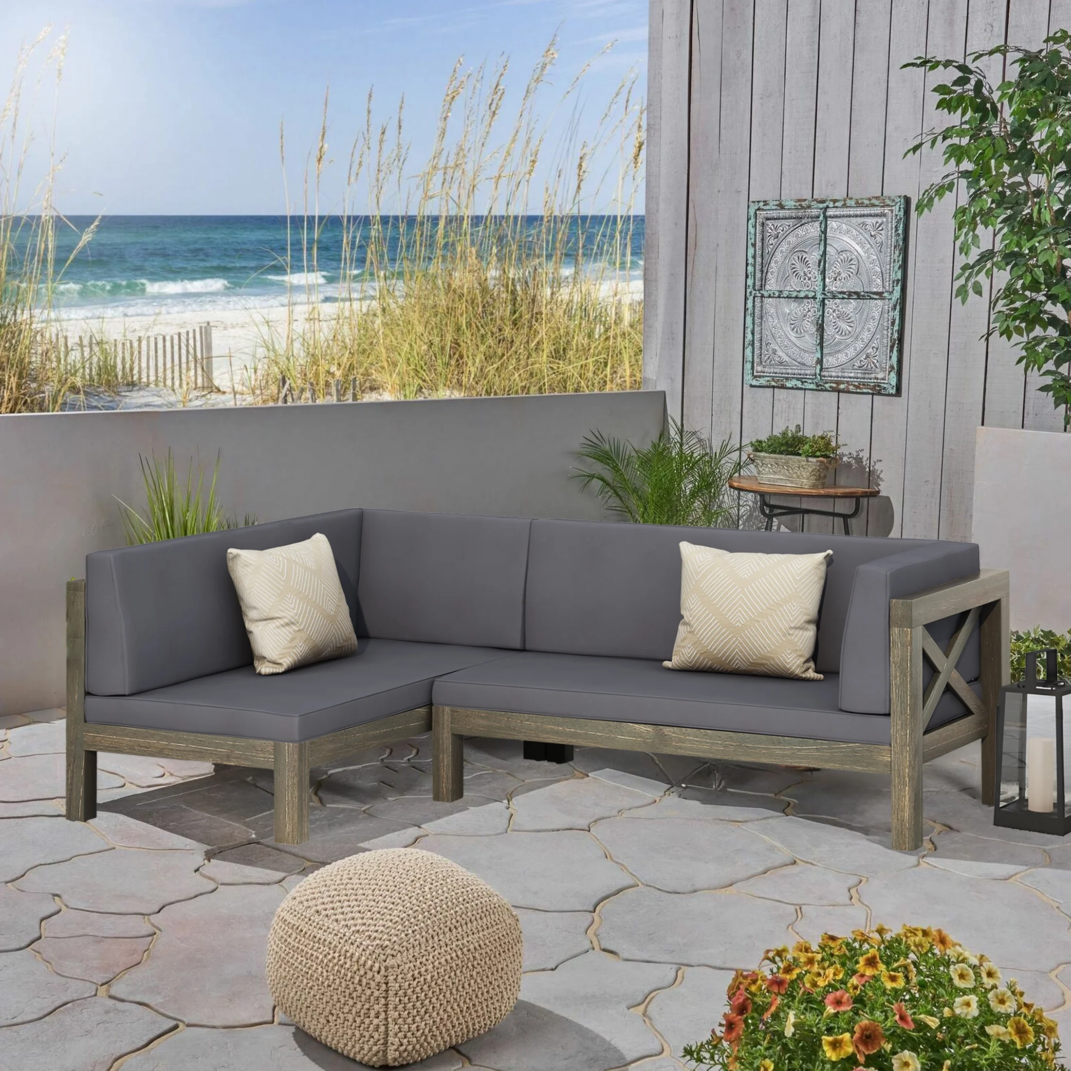 2-Piece Wood Right Dining Corner Bench with Gray Cushions