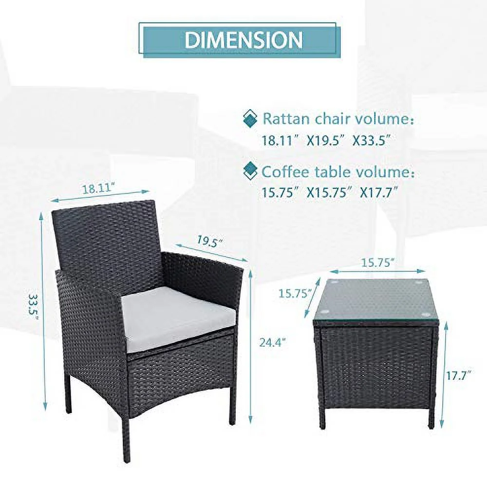 3 Pieces Patio Bistro Set Outdoor Black Wicker Furniture Chairs Garden Conversation Set with Glass Top Coffee Table (Black/Grey)