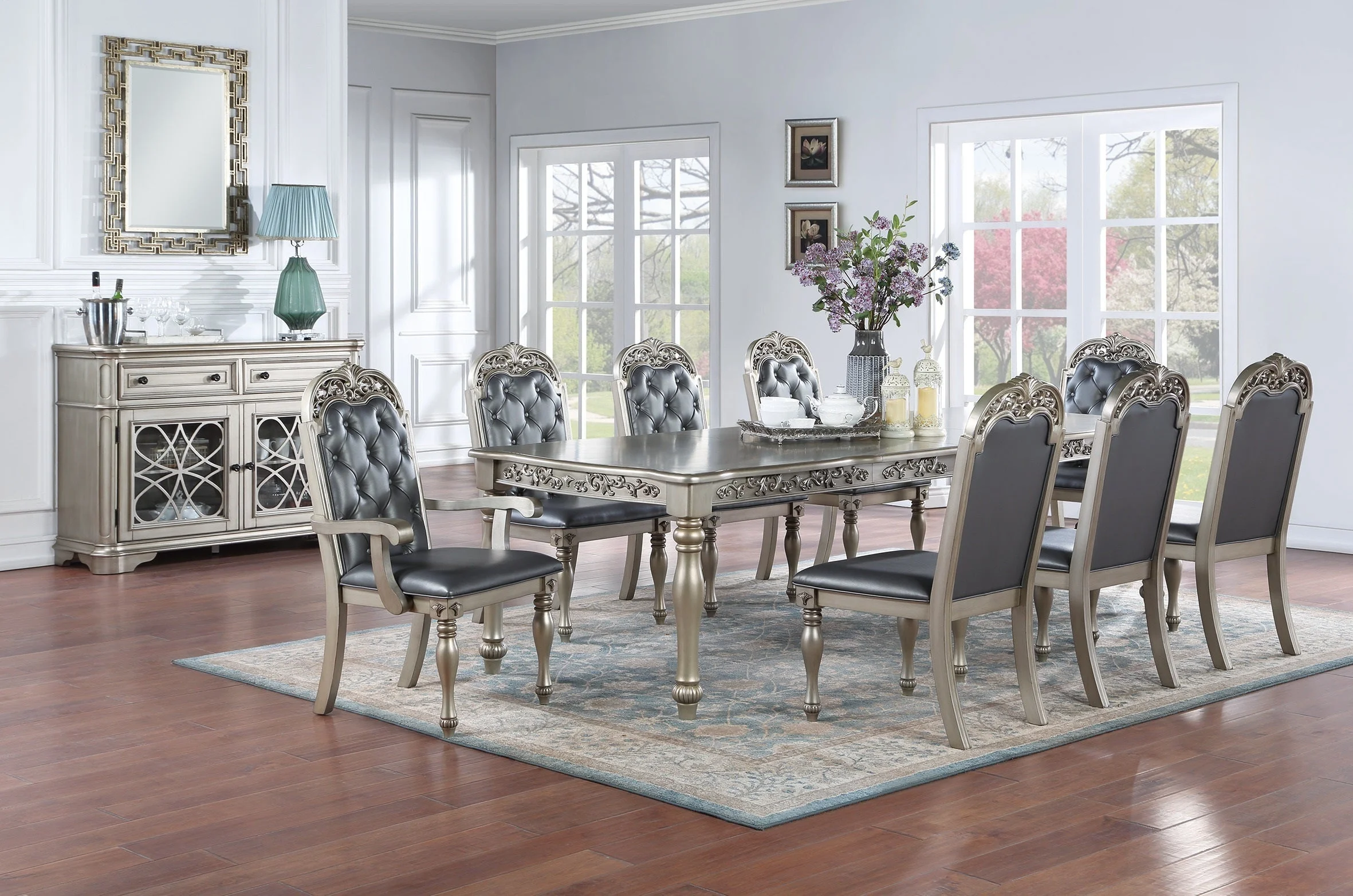 Hampton 9 pc Dining Set Table 2x Arm Chairs 6x Side Chairs - Gray+Silver
