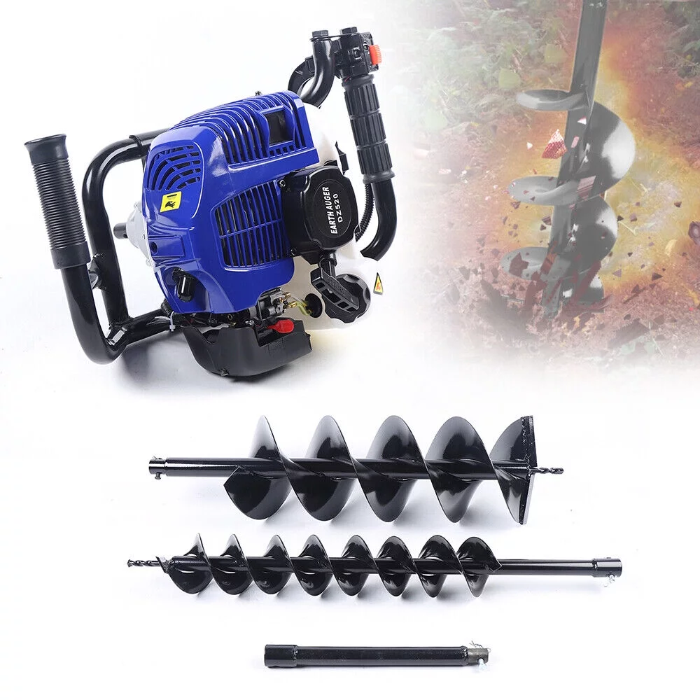 DENEST 52CC Post Hole Digger Gas Powered Earth Auger Borer Machine + 2 Auger Drill Bits