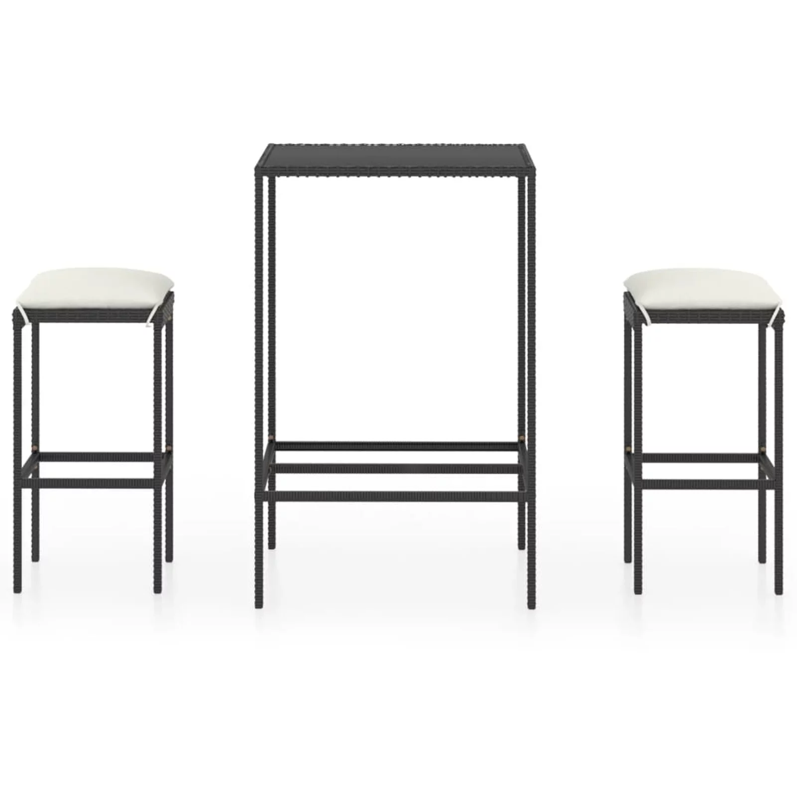 Anself 3 Piece Garden Bar Set Glass Tabletop Table and 2 Chairs with Cushion Black Poly Rattan Outdoor Dining Set for Bistro, Pub, Terrace, Patio, Balcony
