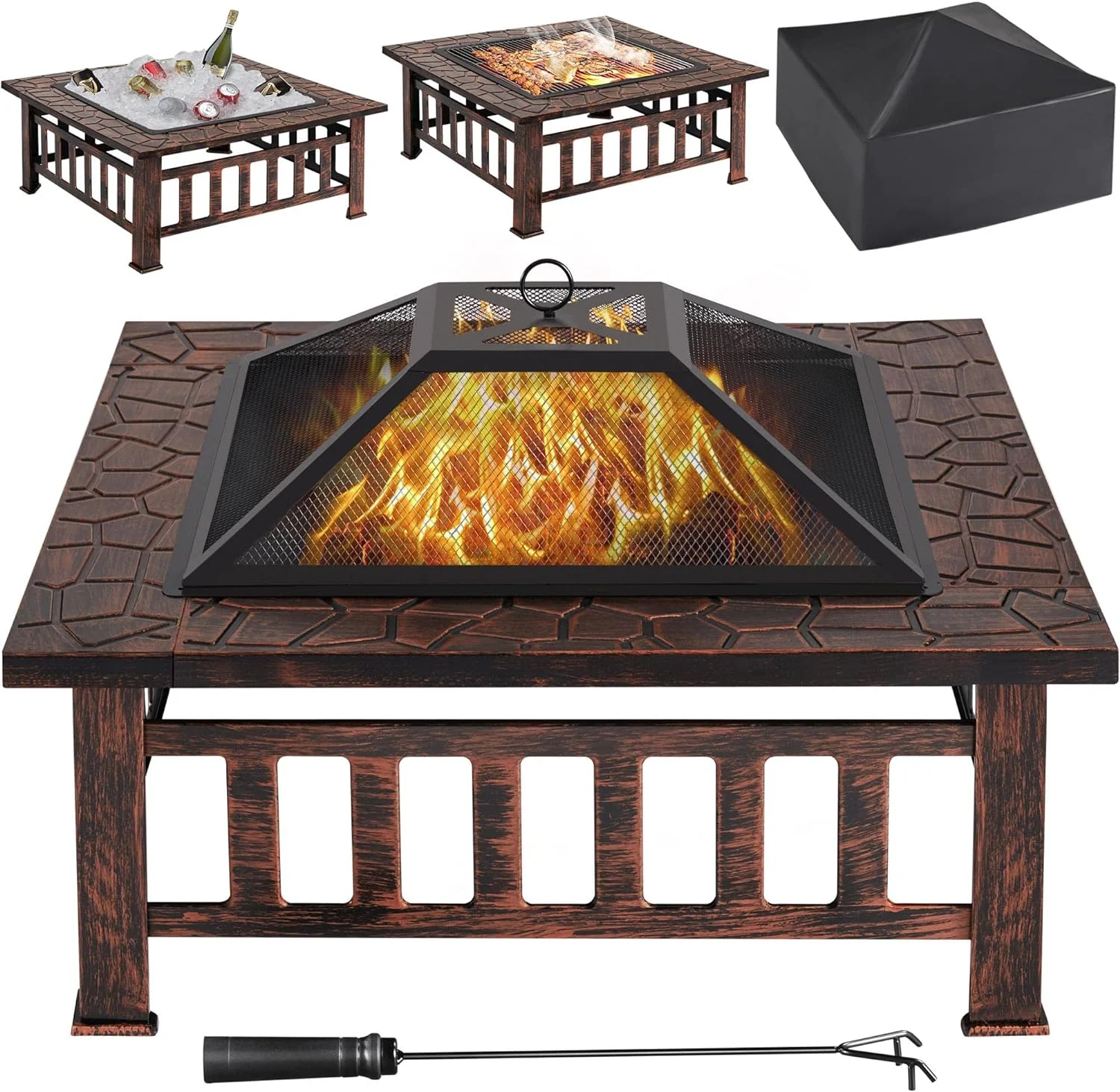 Fire Pit 34in Outdoor Fire Pits Fireplace Heater Stove with Screen, Waterproof Cover & Poker for BBQ Patio Bonfire