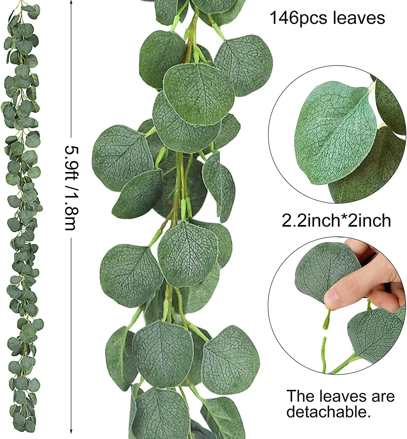 CEWOR 3 Packs Artificial Eucalyptus Garland Greenery Silk Eucalyptus Leaves Vines Faux Silver Dollar Eucalyptus Plants for Wedding Party Home Decoration