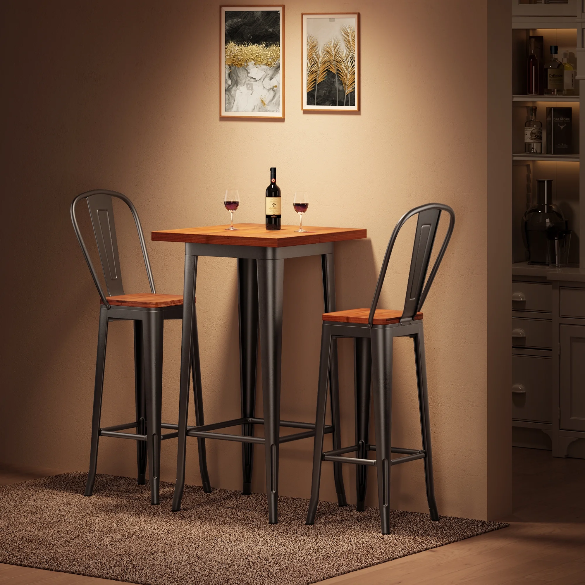 Bar Table Set, Lofka Square Counter Height Bistro Dinette Sets with 2 stools, Brown