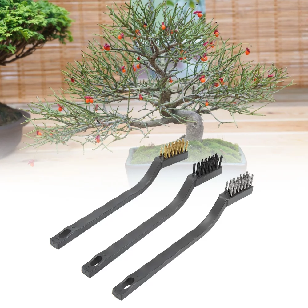 Mikrokos Wire Brush Mini Wire Brush Cleaning Wire Brush 3-Piece Mini Wire Brush with Plastic Handle for Cleaning Tree Trunk Ridge Bonsai Brush Garden Cleaning Tool