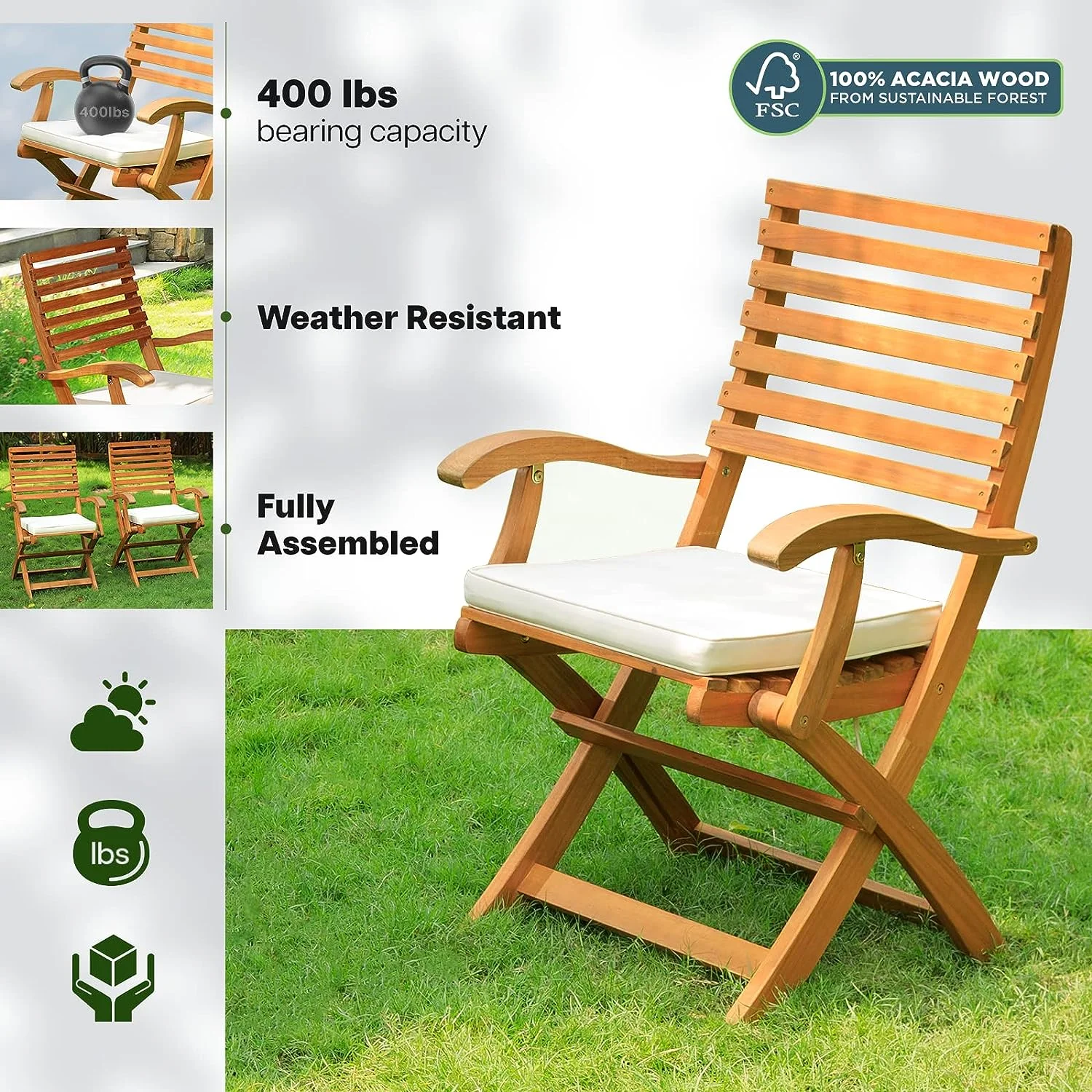 Idzo Percy Wood Folding Chairs Patio Set of 2 Premium Cushions - 400lbs Heavy Duty