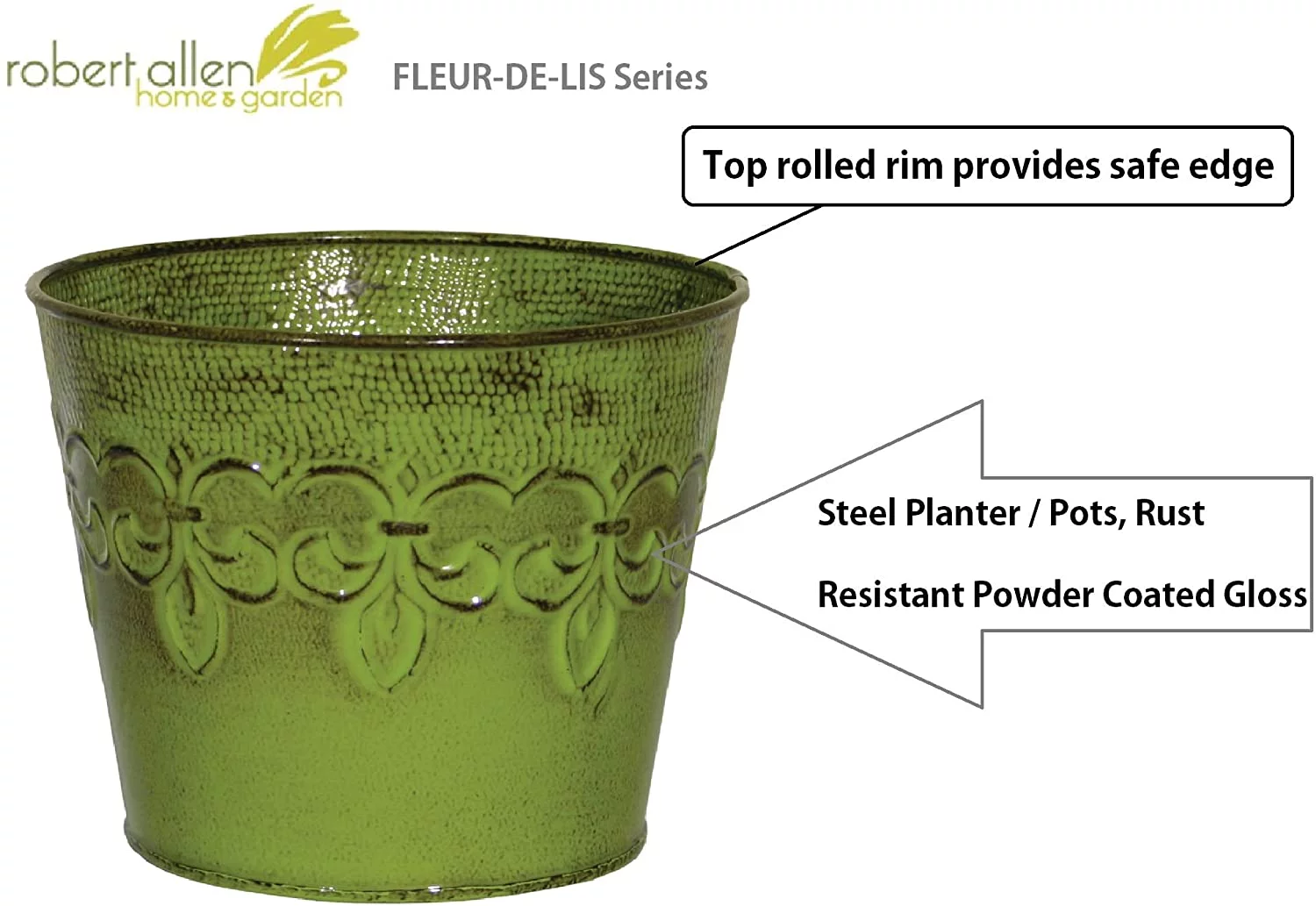 Robert Allen MPT01888 Fluer De Lis Series Metal Planter Flower Pot 4-Inch Tansy Green