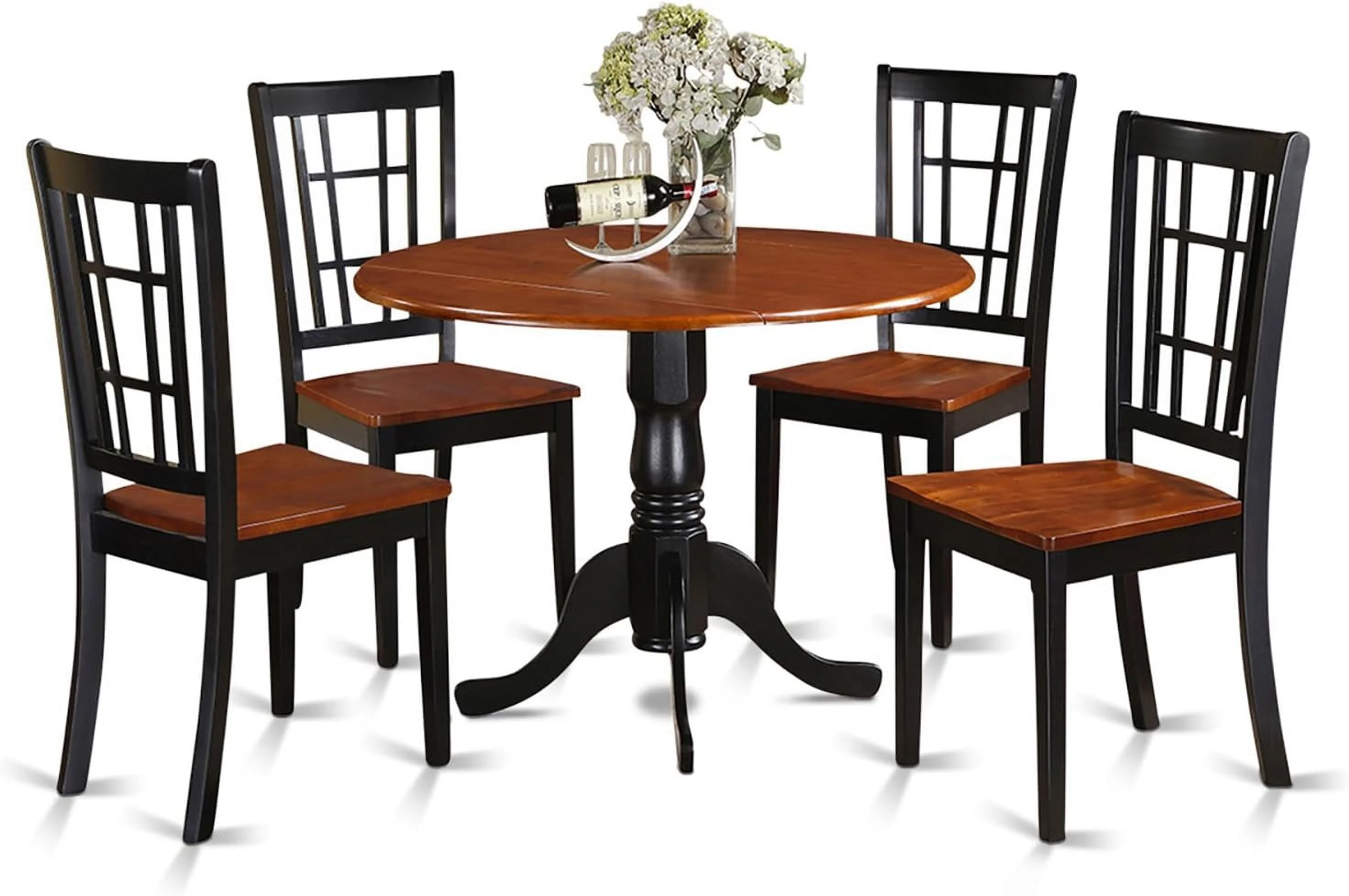5 Piece Modern Set Includes A Round Wooden Table With Dropleaf And 4 Dining Chairs, 42X42 Inch