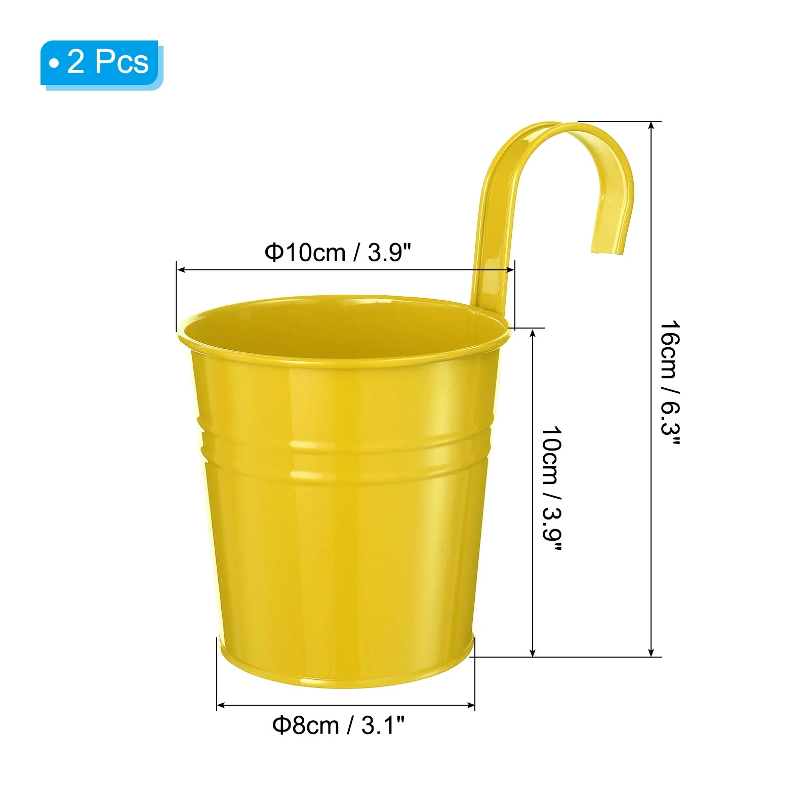 Uxcell 4 Inch Hanging Flower Pots Bucket, with Detachable Hook Drain Hole for Balcony Railing, Yellow 2Pcs