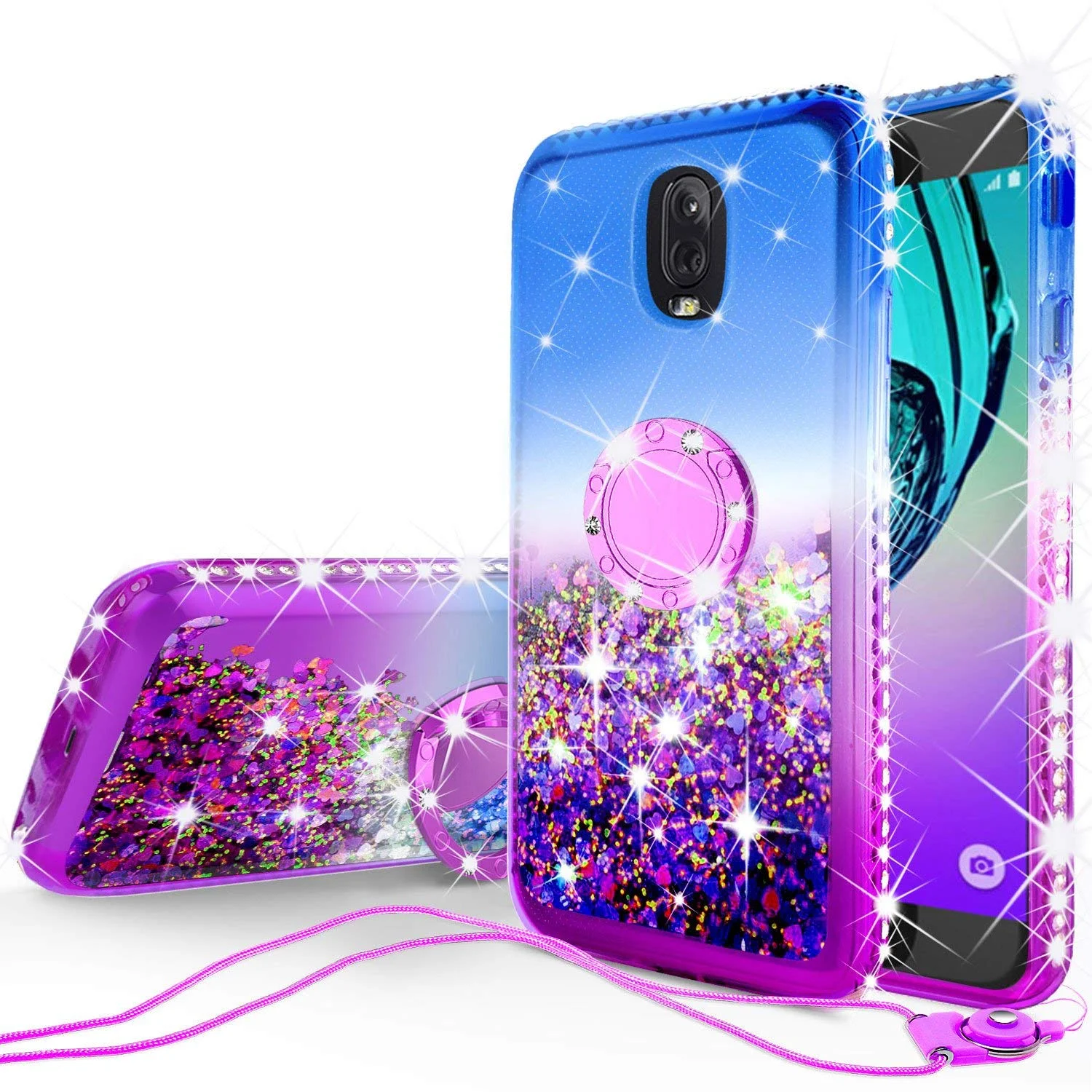 Samsung Galaxy J3 2018/J3 Star/J3 Achieve/Express Prime 3/Amp Prime 3 Case,Liquid Glitter Bling Sparkly Bumper Phone Case Kickstand Ring Kickstand Soft Sparkly Pink