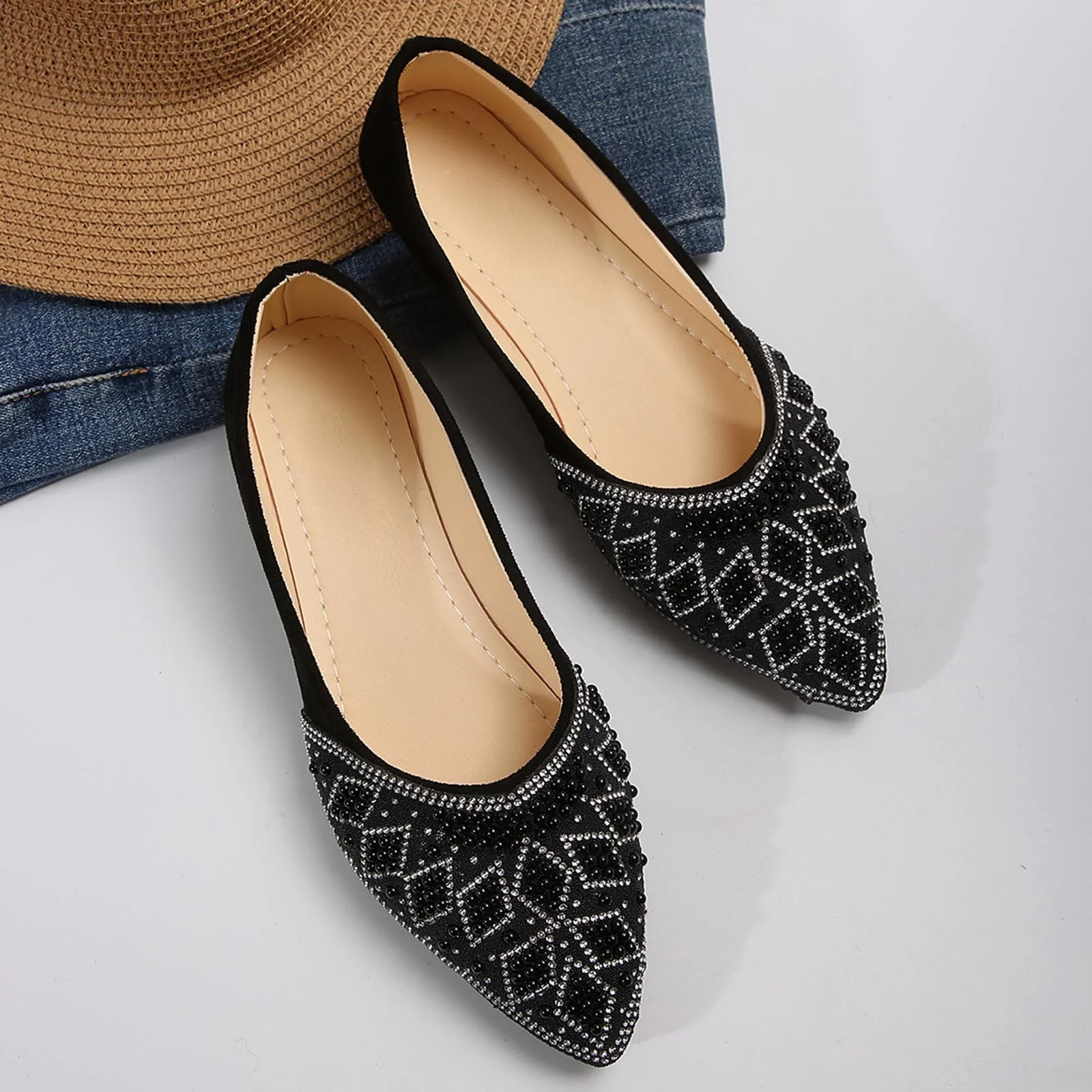 Womens Walking Shoes Slip on Sock Sneakers Women's Fashion Flat Solid Color Applique Diamonds Casual Shoes Lightweight Comfortable One Stirrup Shoes Running Shoe