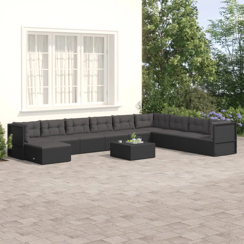 Dcenta 10 Piece Patio Set with Cushions Black Poly Rattan