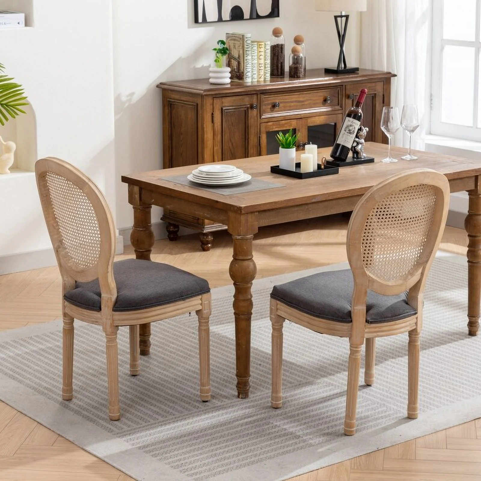 French Style Dining Chairs Set of 2 with Solid Wood Frame and Linen Fabric Rattan Back Beige