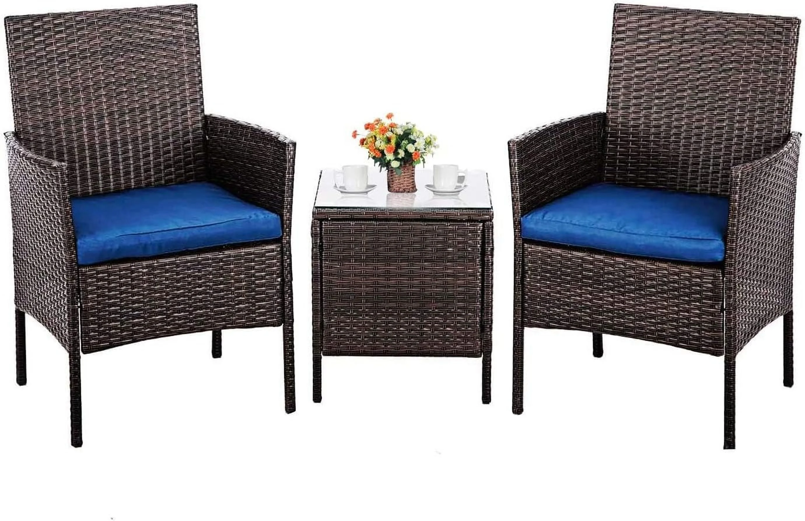 Betterland 3-Piece Patio Bistro Set Outdoor Conversation Set, Brown Wicker Porch Chairs Set Garden Furniture with Coffee Table (Navy Cushion)