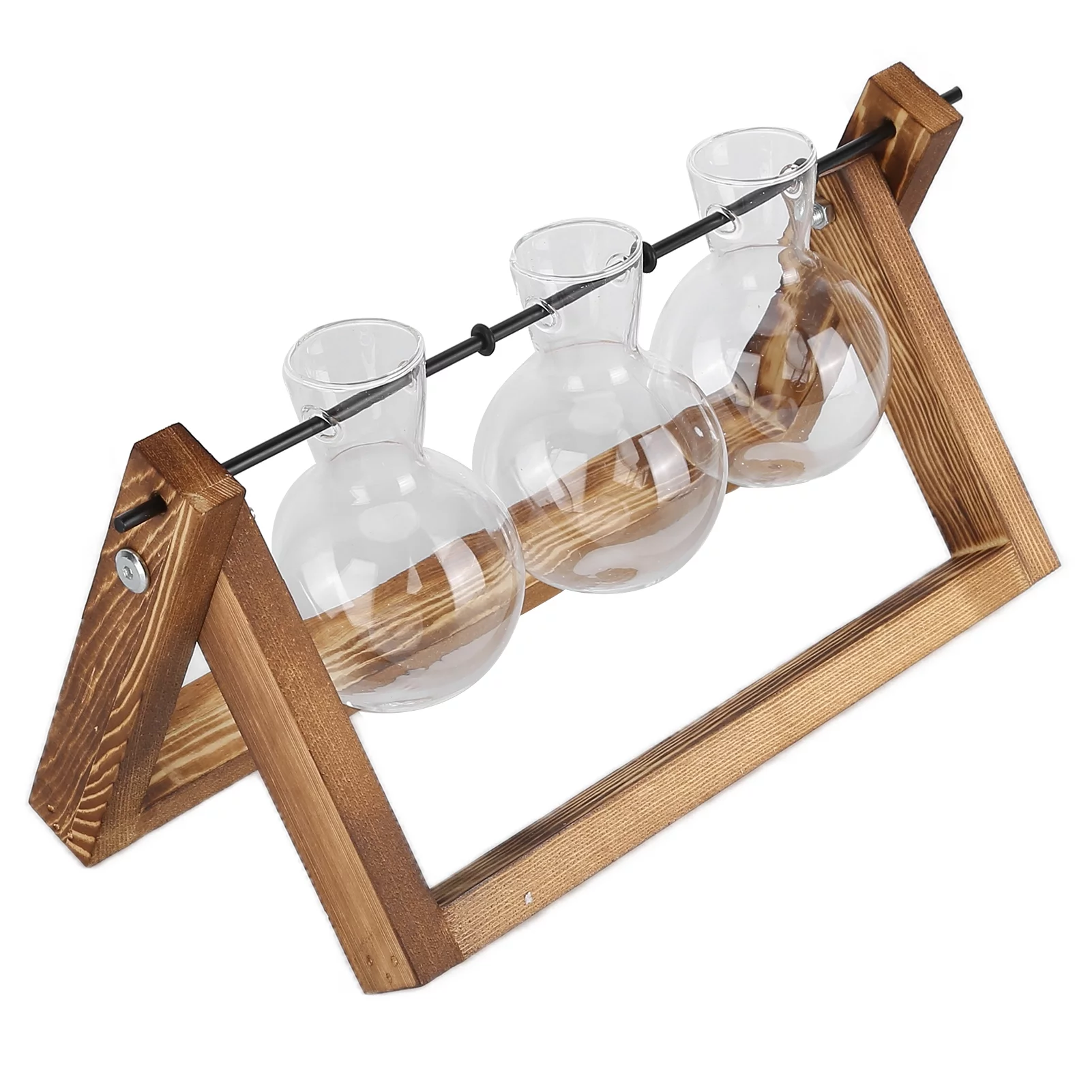 Nimomo Plant Terrarium Multipurpose Planter Bulb Vase with Wooden Stand Glass Vase Desktop Glass Planter for Home Office Decoration(3 x Glass Bottle)