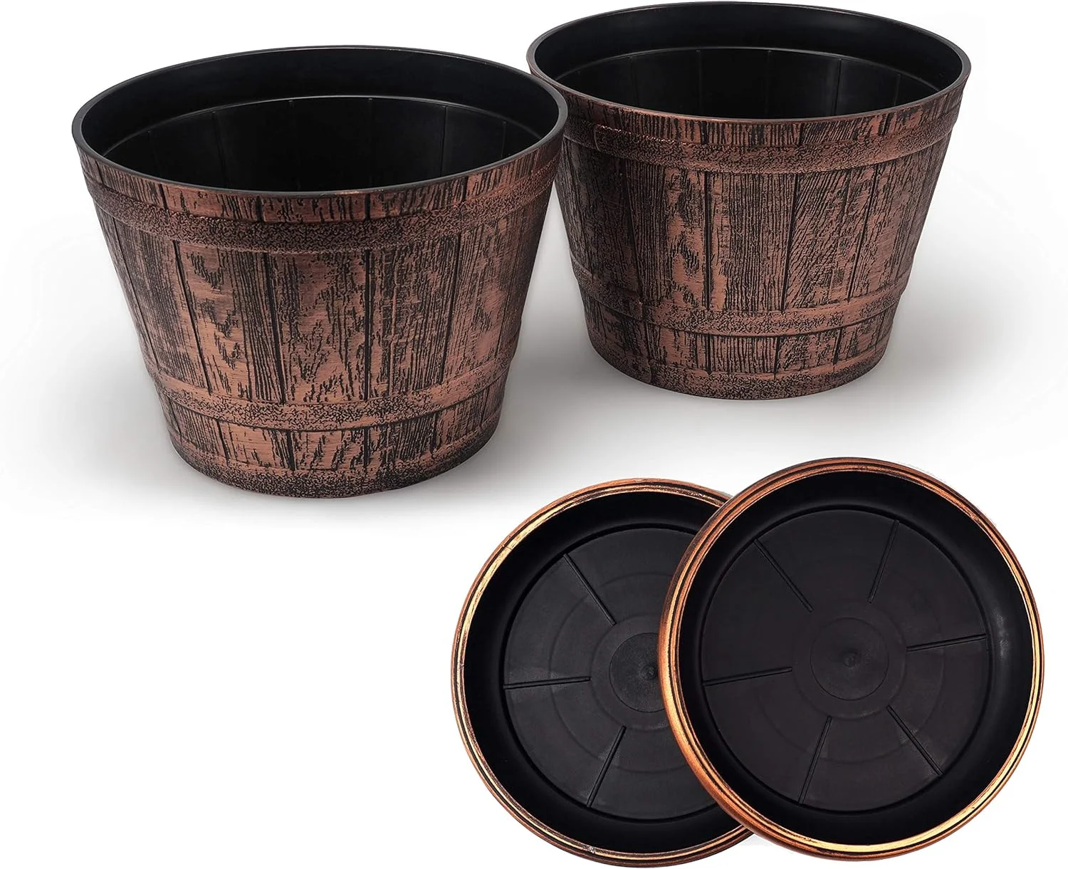 Large Whiskey Barrels Set Of 2 Rustic Look (2 Planters + 2 Matching Saucers) French Country Flowerpot Indoor Outdoor Garden Patio Office Home Decor Use Reusable Light Weight (Copper)