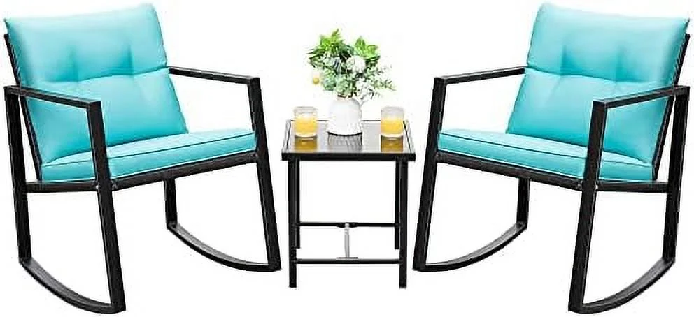SQYTHGB 3 Piece Rocking  Wicker Patio Outdoor  Porch Chairs Conversation Sets with Glass Coffee Table (Blue)