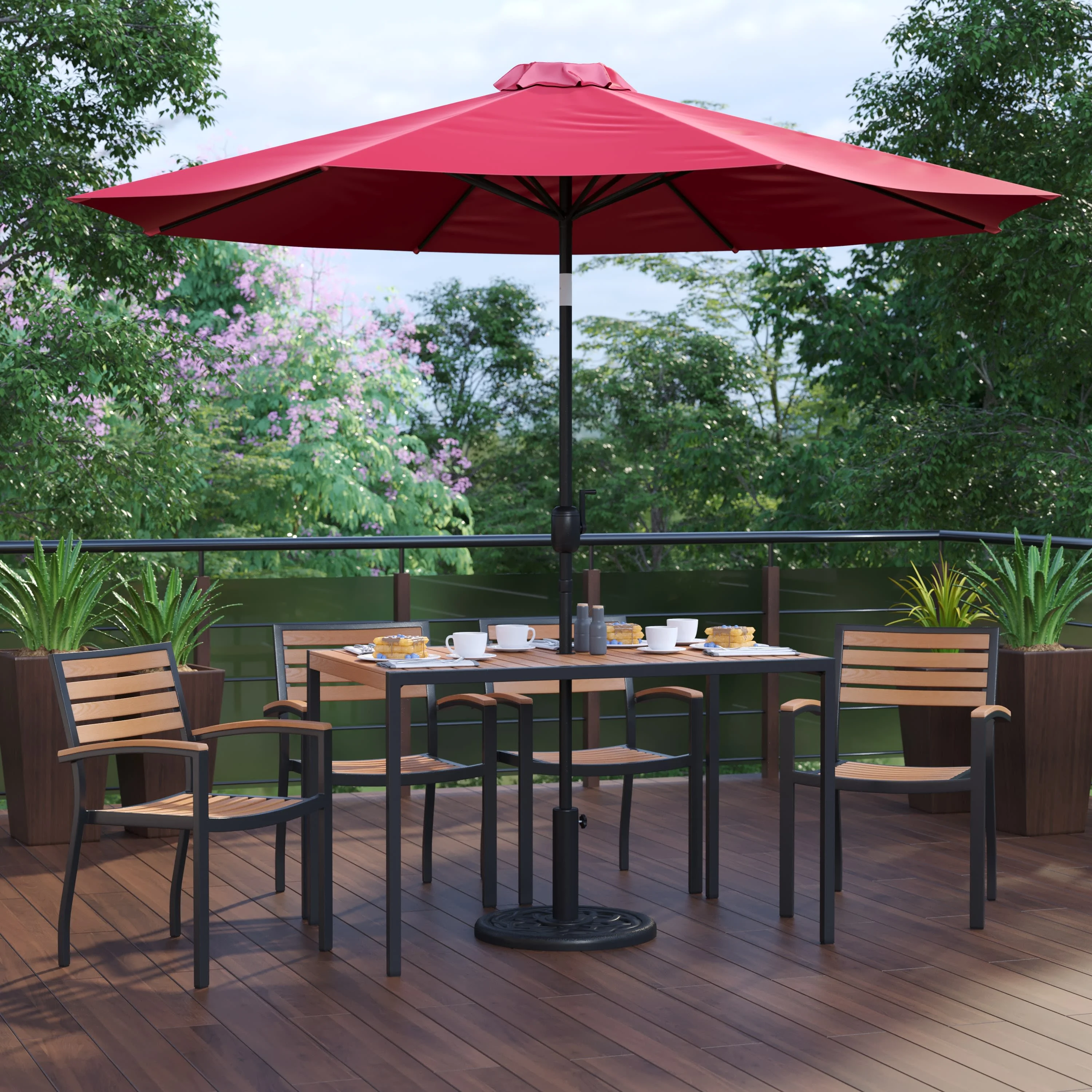 BizChair 7 Piece Outdoor Patio Dining Table Set with 4 Synthetic Teak Stackable Chairs, 30