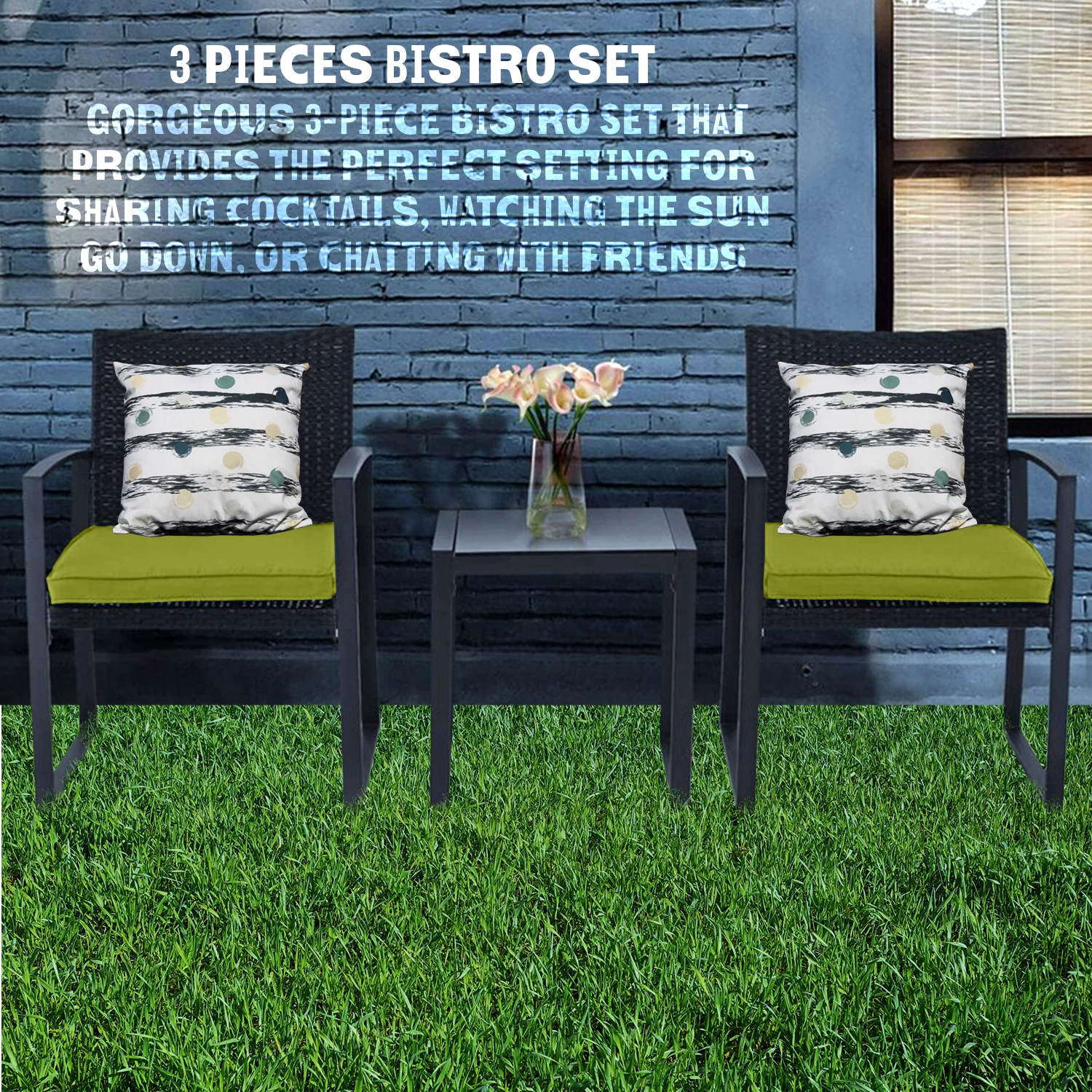 Outside 3-Piece Bistro Set Black Wicker Furniture-Two Chairs with Glass Coffee Table