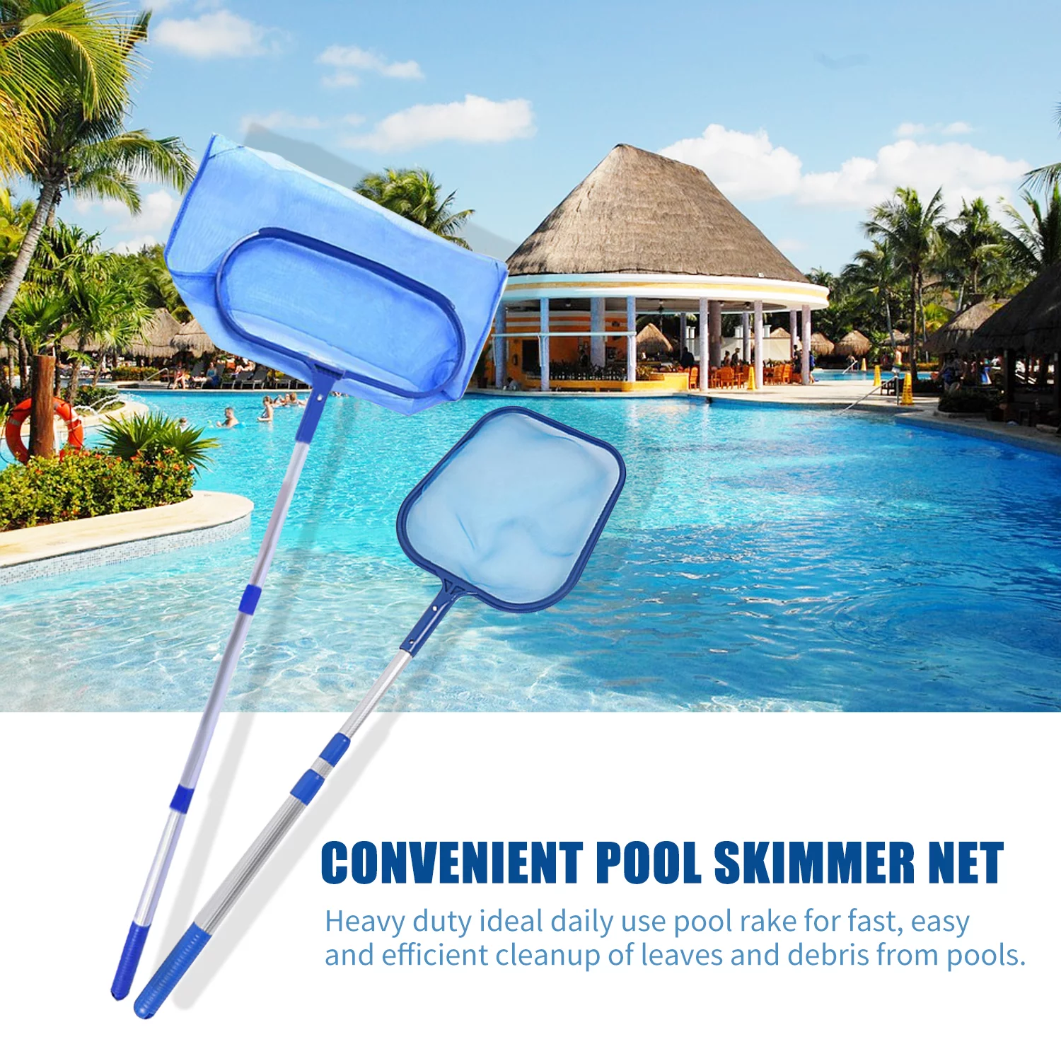 Pool Skimmer Net with Telescopic Pole Removal Rake Swimming Pool Ponds Fast Cleaning Tool with Heavy-Duty Aluminium Frames Deep Mesh Nets