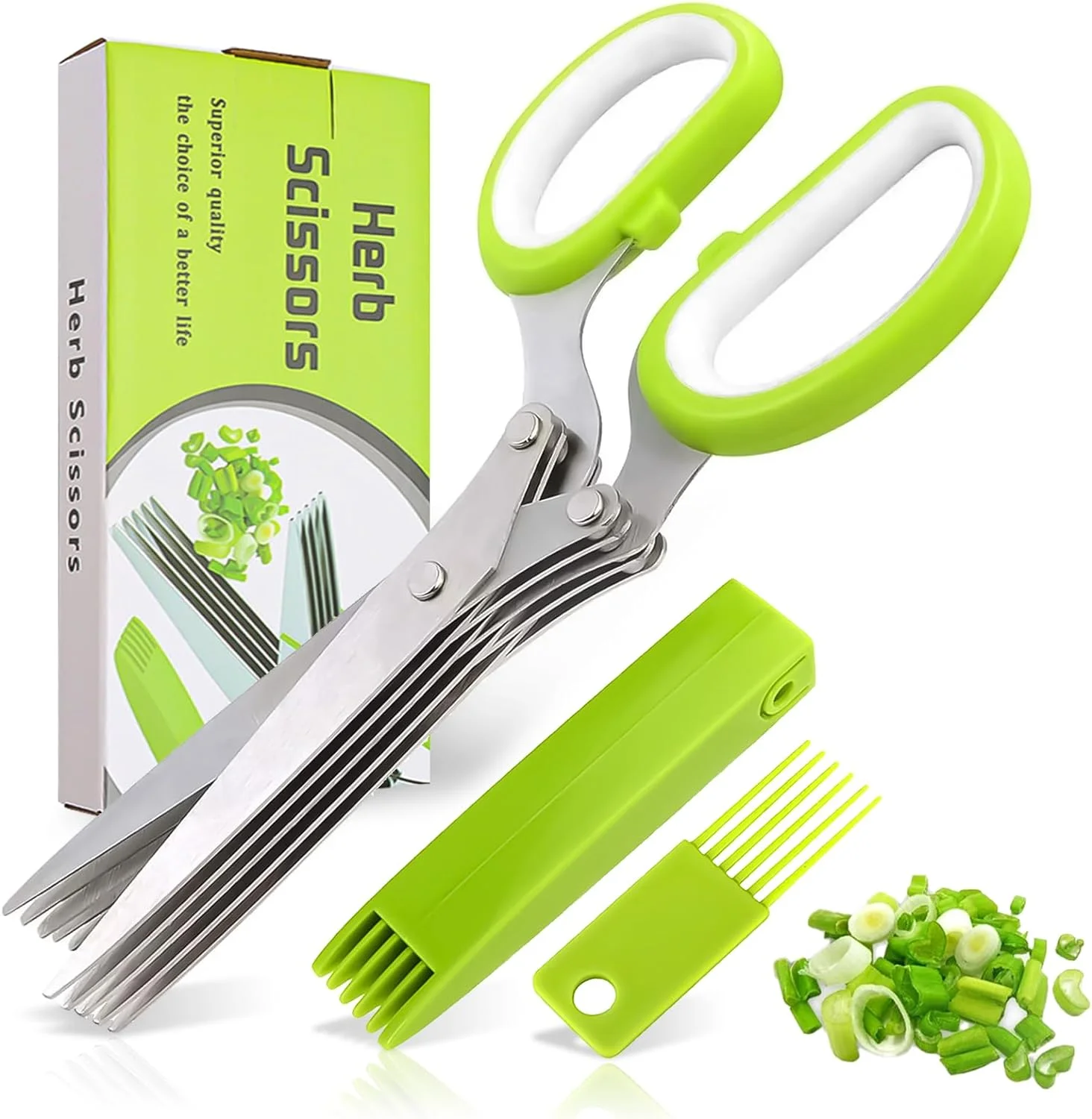 BangShou Herb Scissors Set, Stainless Steel 5 Blade Kitchen Scissors with Safety Cover and Cleaning Comb Kitchen Cutting Gadgets Green