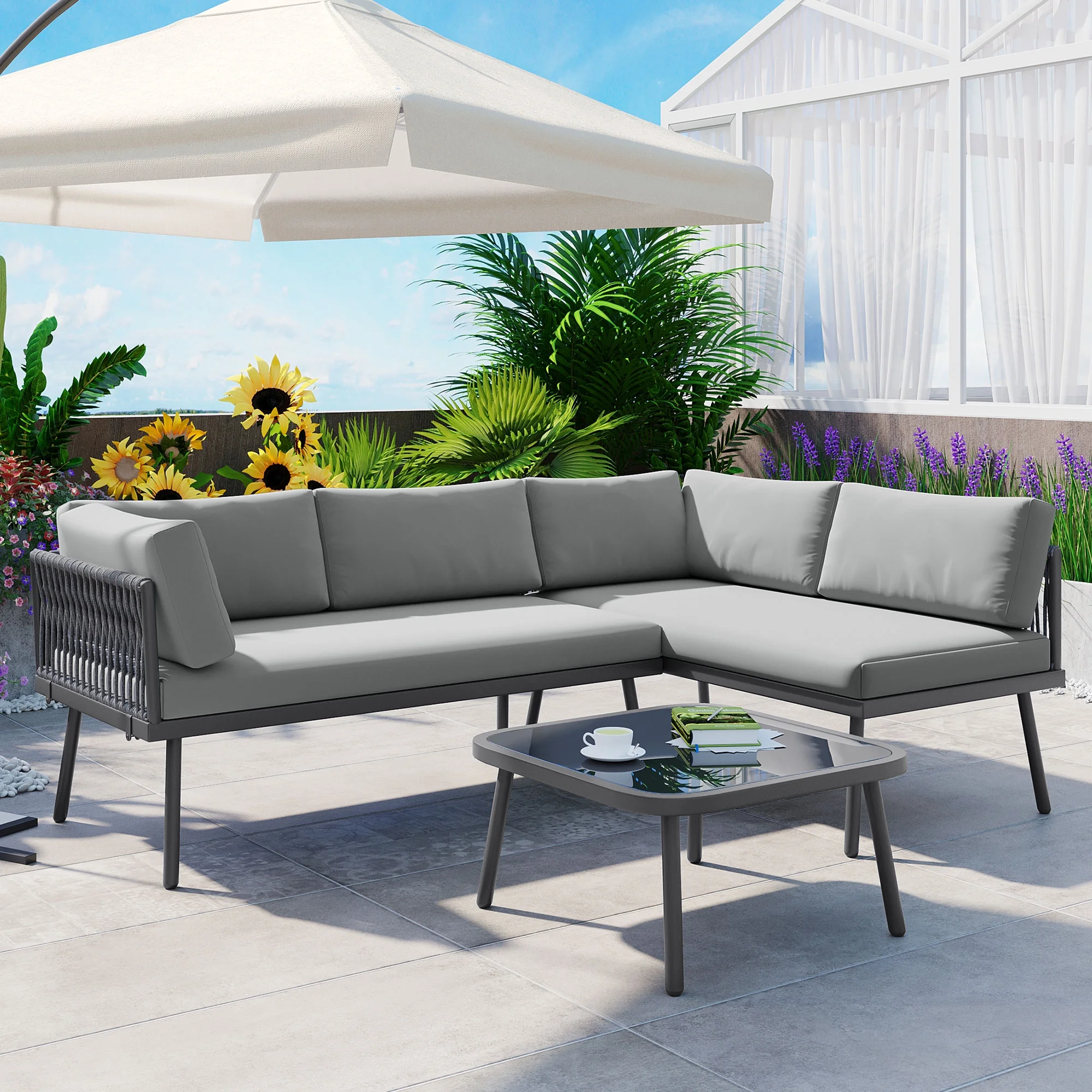 CoSoTower Modern Outdoor 3-Piece PE Rattan Sofa Set All Weather Patio Metal Sectional Furniture Set with Cushions and Glass Table for Backyard, Poolside, Garden, Gray,L-Shaped