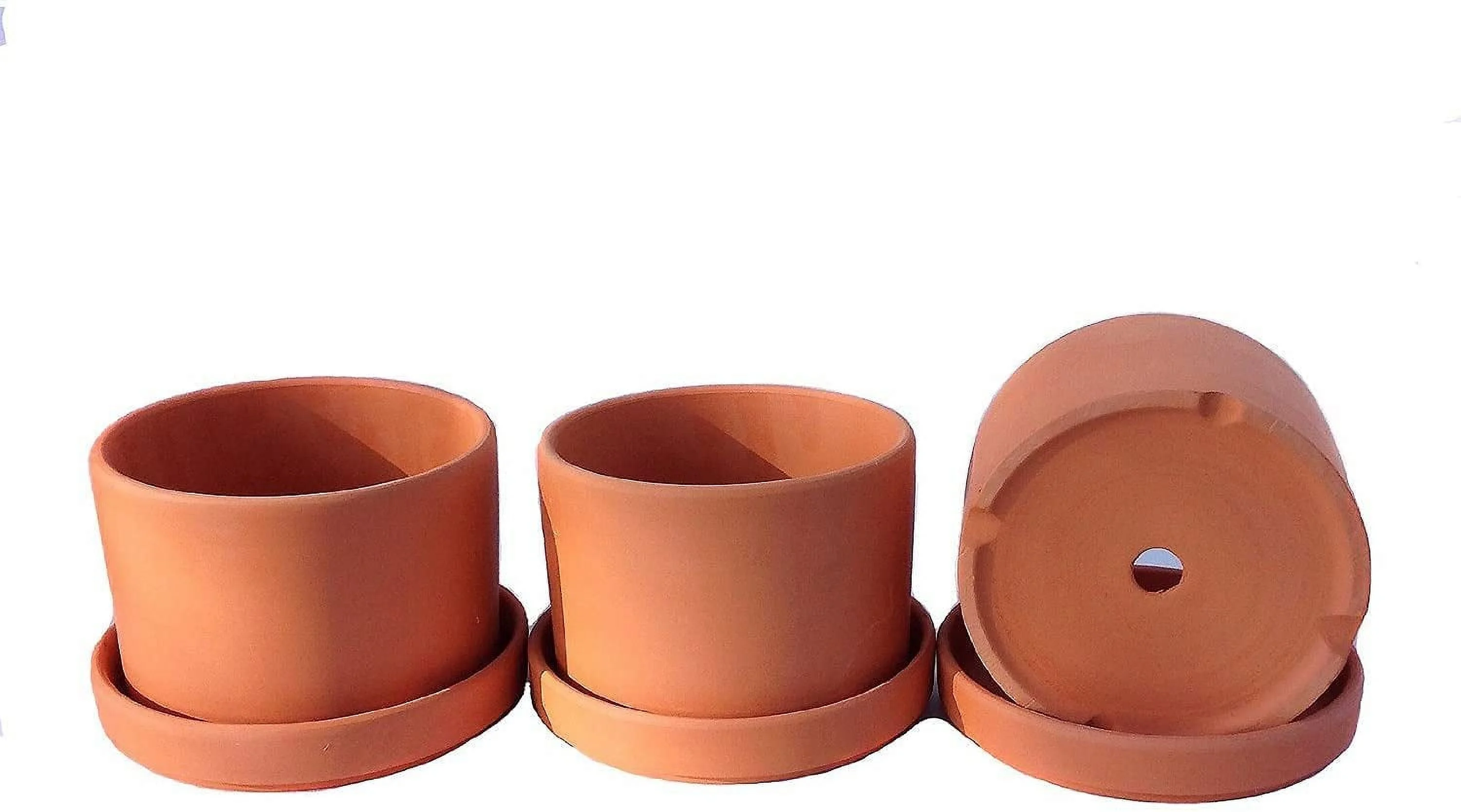 Walled Terracotta Planter with Drainage Hole and Saucer Cylindrical Plants Flower Containers Unglazed Clay Pots - Set of 3