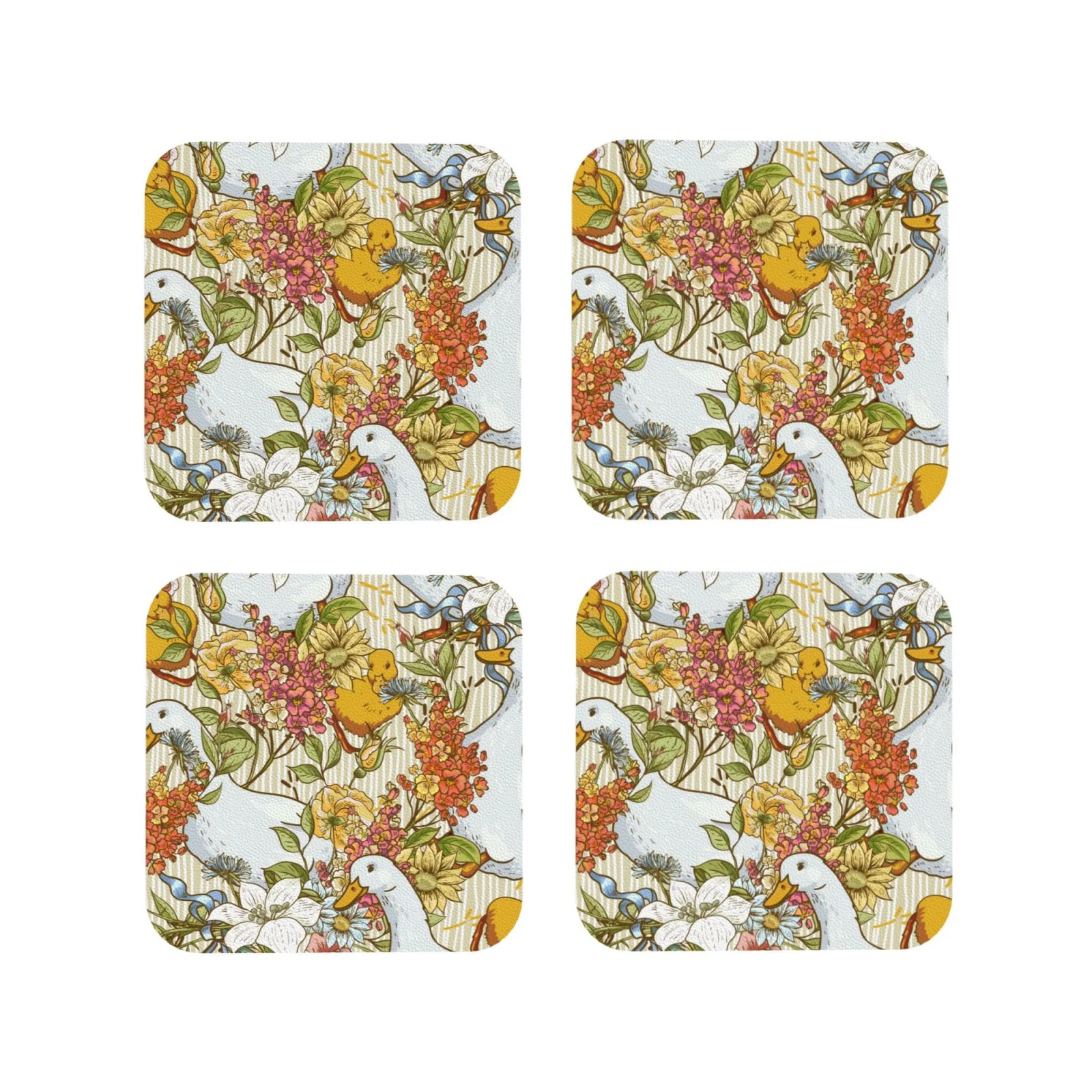 Bingfone Ducks And Flowers Personalized Coaster Set 4 For Drinks Coffee Table Bar Beer Wine Cup Coasters,4 Inch