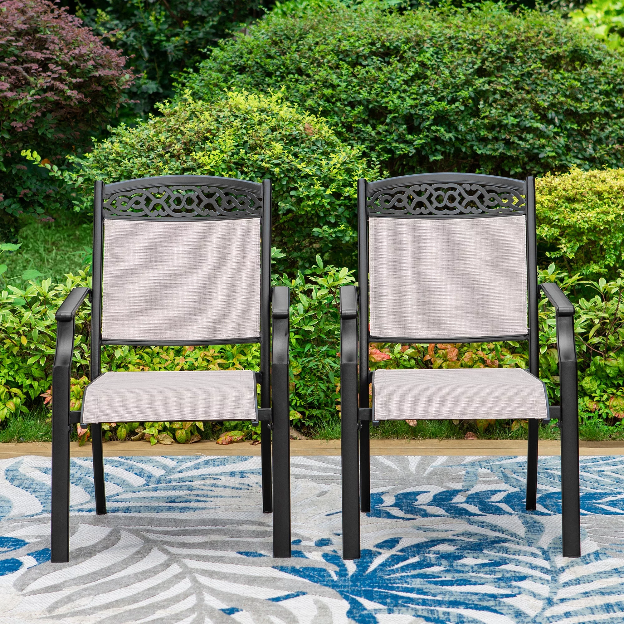 Summit Living 2 Pieces Outdoor Premium Cast Aluminum Dining Chairs,Stackable Patio Chairs,Black&Beige