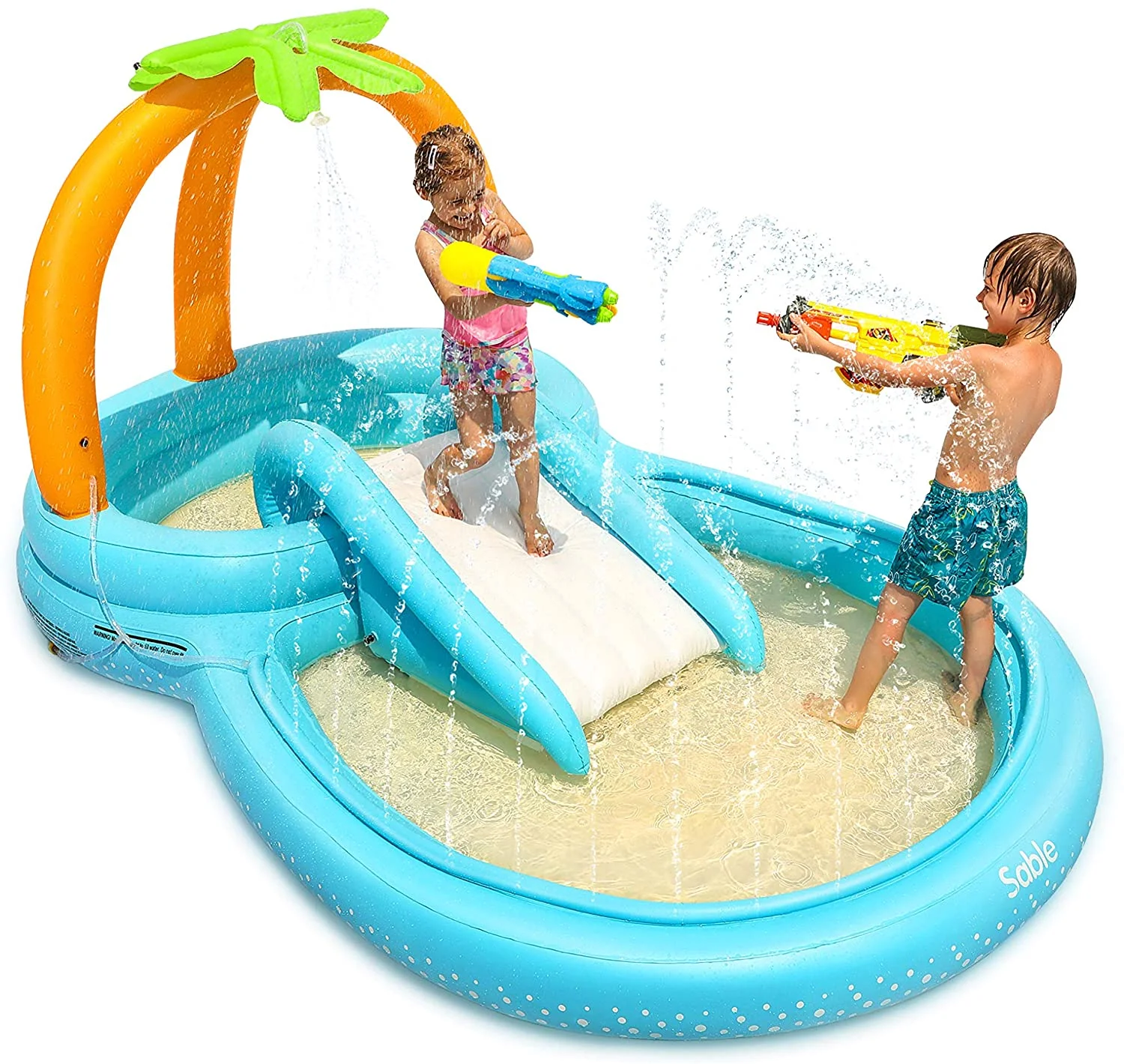 Sable Inflatable Play Center Wading Pool with Slide for Kids Children Garden Backyard 110'' x 71'' x 53''