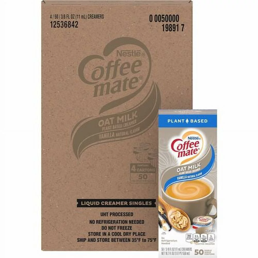 Coffee mate Oat Milk Vanilla Liquid Creamer Singles - Vanilla Flavor - 0.38 fl oz (11 mL) - 4/Carton - 50 Per Box | Bundle of 2 Cartons