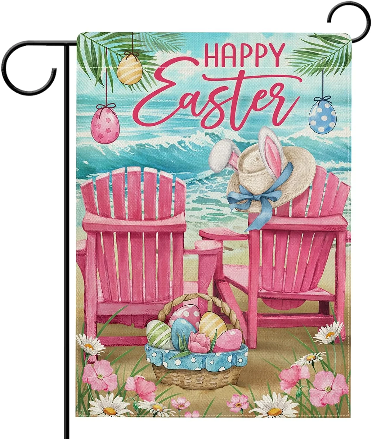 Happy Easter Sea Pink Chair Garden Flag Double Sided, Eggs Basket Ocean Coastal Beach Decorative Yard Outdoor Home Small Decor, Bunny Ears Hat Flowers Nautical Outside House Decoration