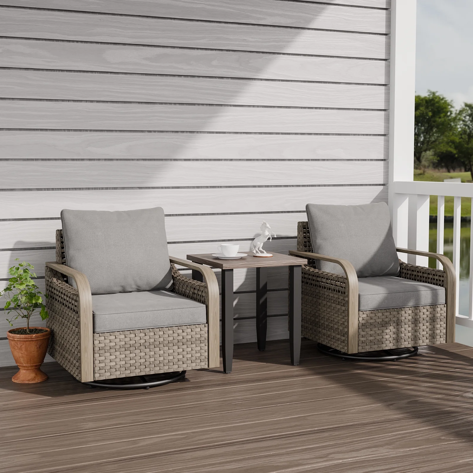 EAGLE PEAK Wicker Bistro Table and Chairs Set of 3, Outdoor Bistro Set, 3 Piece Patio Furniture Set w/ 360° Wicker Swivel Rocking Chairs & Side Table, Brown/Beige