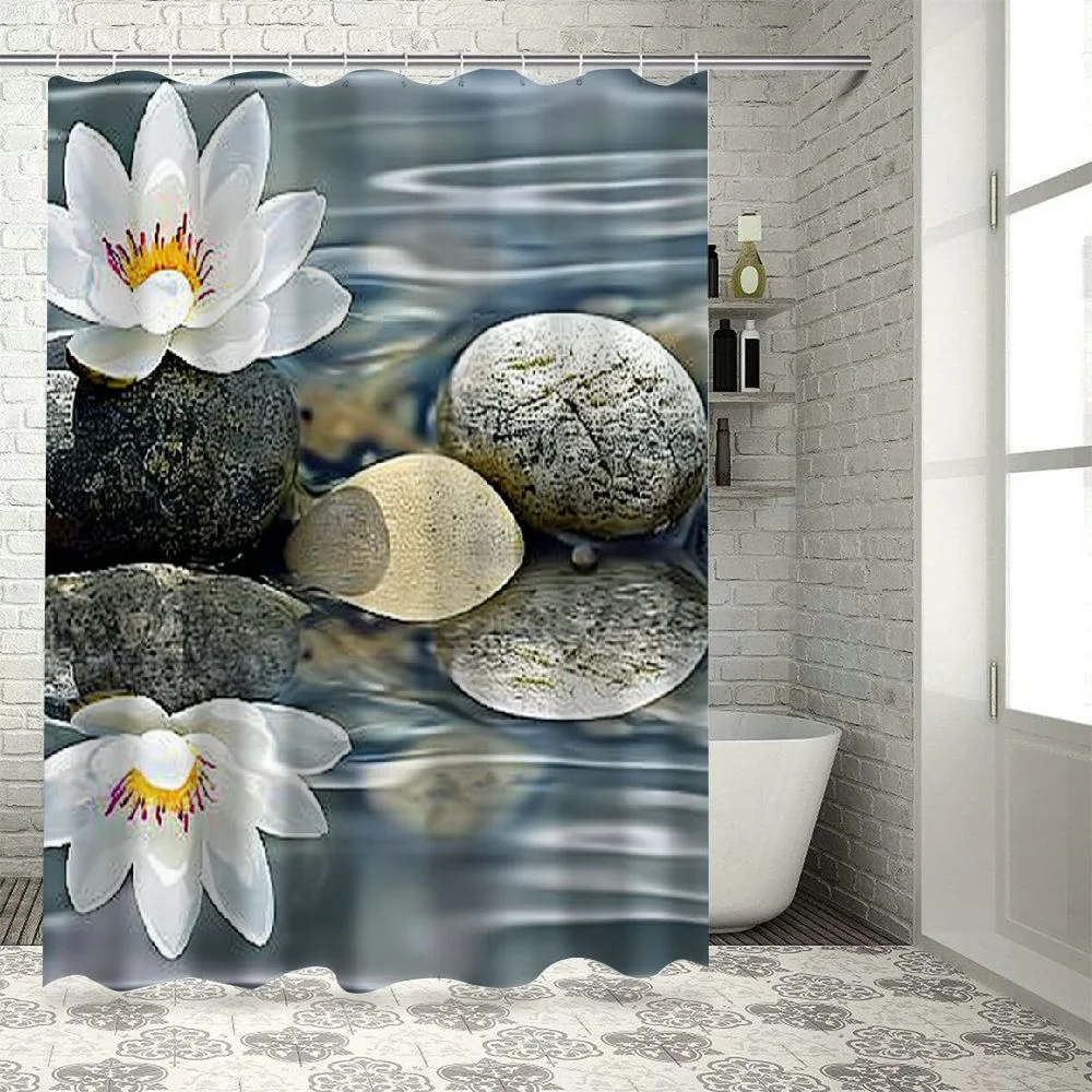 JEUXUS Shower Curtain Zen Wall Art Lotus Flowers Stones on Water Water Lily Multiple Sizes White