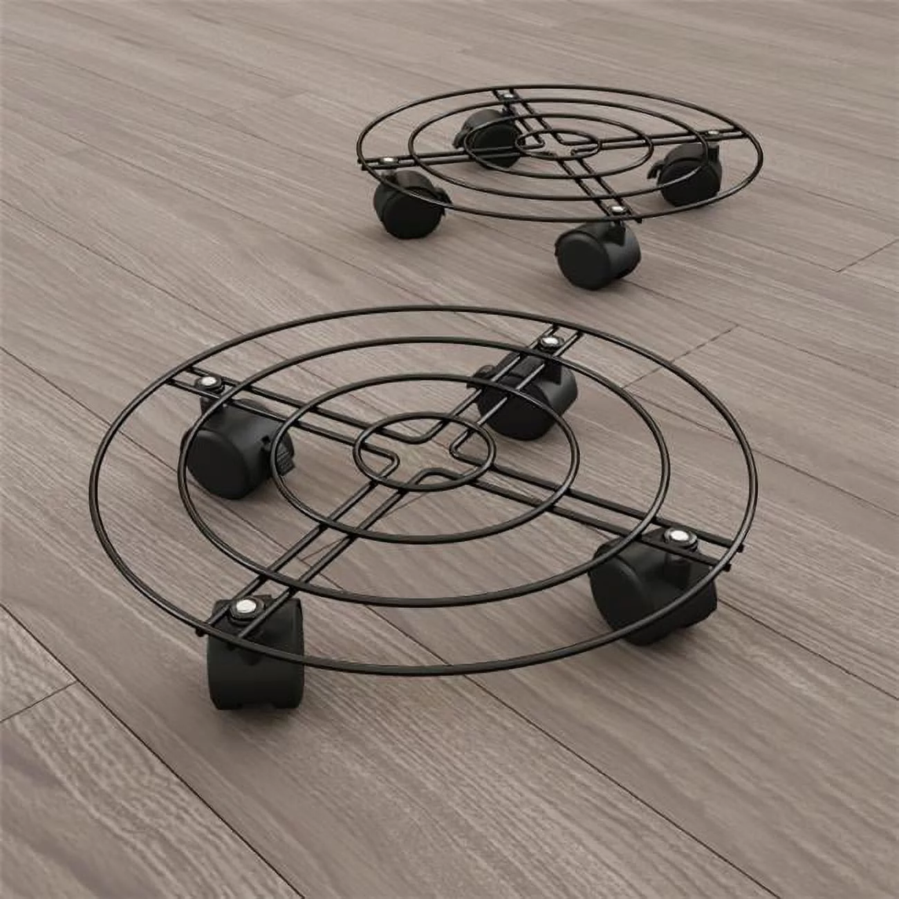 12 in. Metal Plant Caddy-Round Pot Stand on Wheels, Black - Set of 2