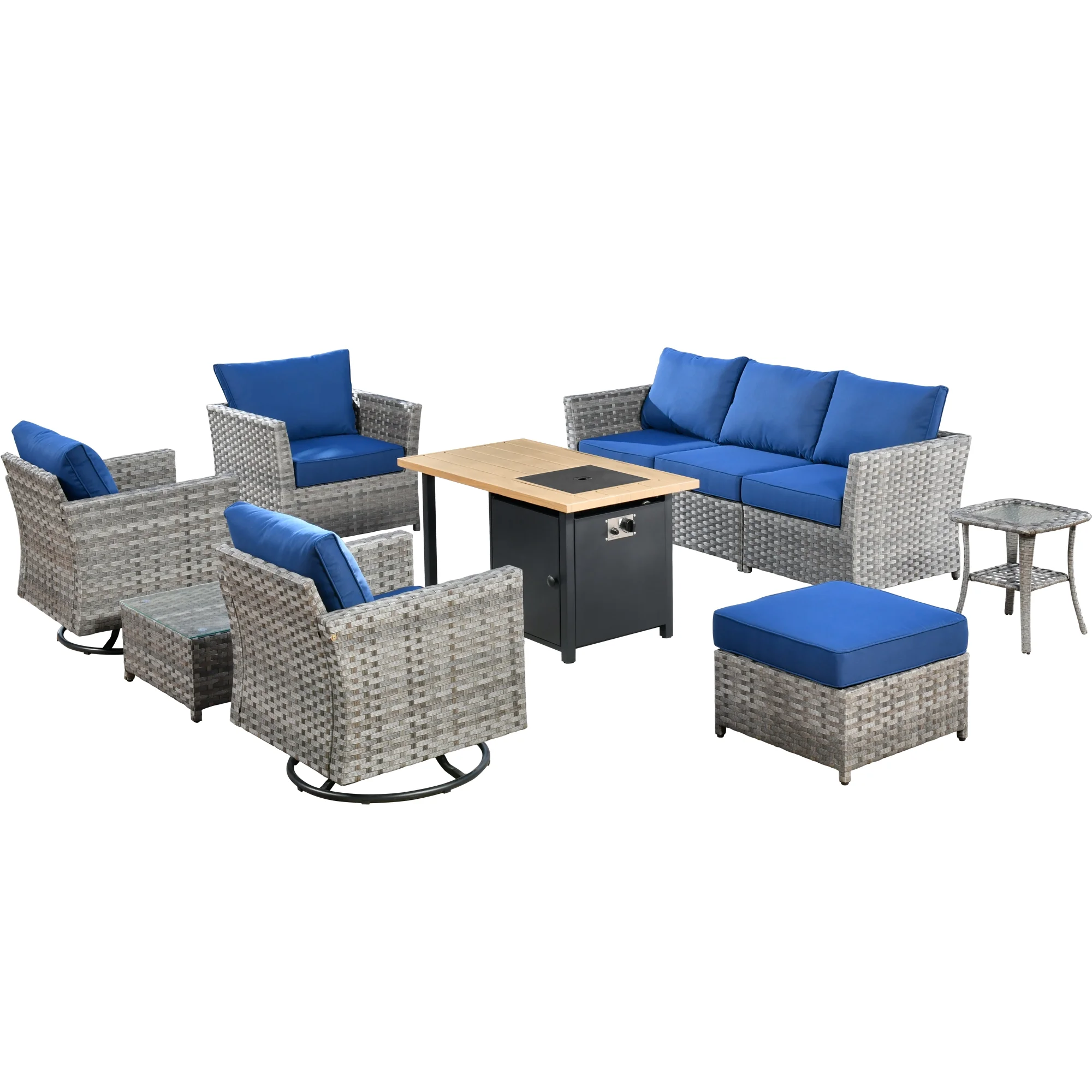 Vcatnet 10 Pieces Patio Outdoor Conversation Set All Weather Wicker Furniture Sofa Set with Swivel Rocking Chairs and Fire Pit Table for Garden,Backyard,Navy Blue