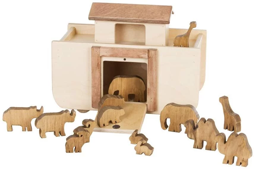 Amish-Made Wooden Noah's Ark Toy with 14 Toy Animals Walnut/Maple