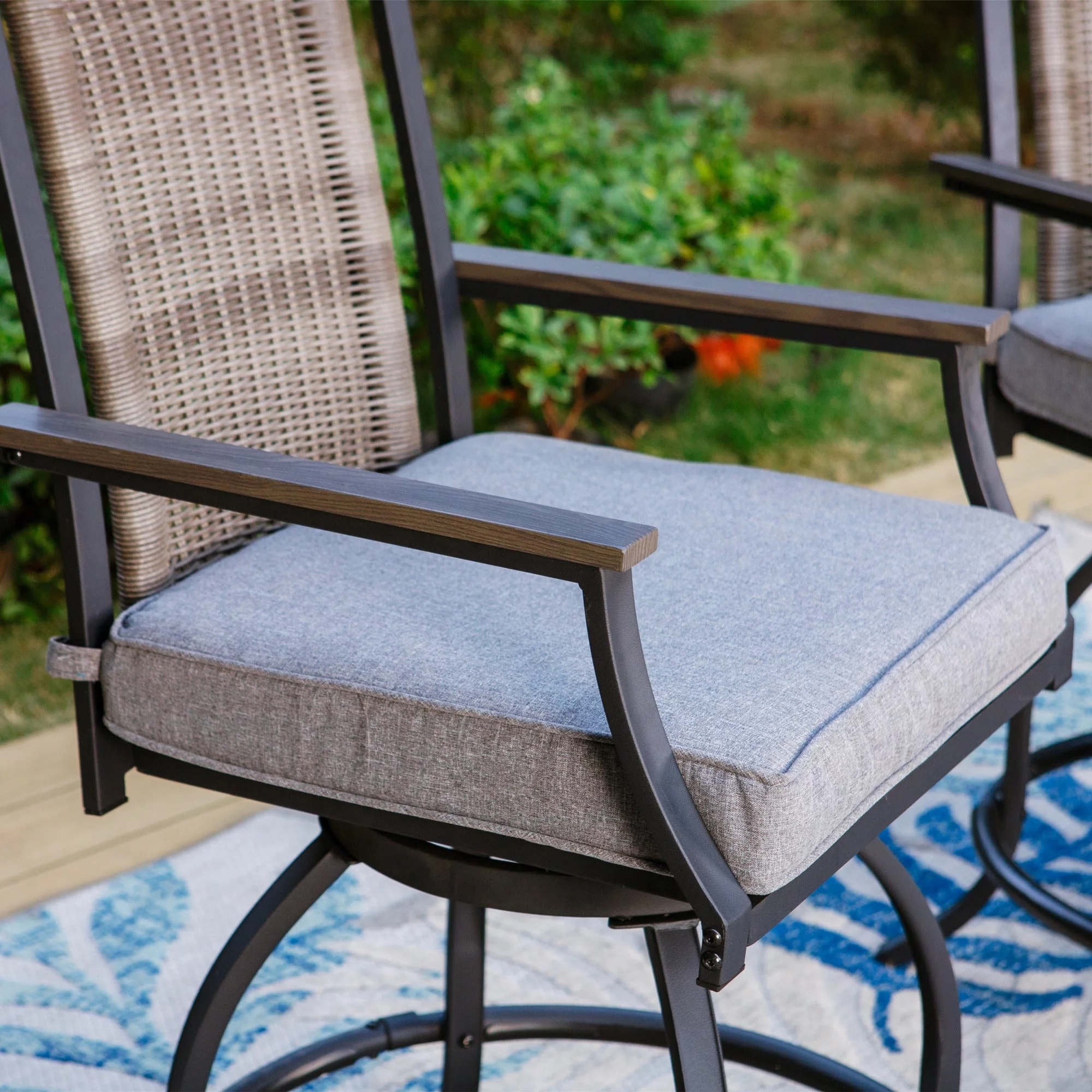 Summit Living 5-Piece Outdoor Bar Stool Set with High-Back Wicker Cushioned Swivel Chairs & Counter Height Pub Dining Table, Black & Gray