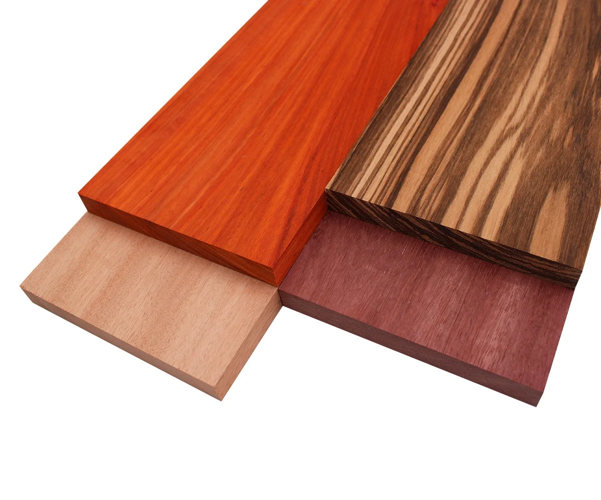 Barrington Hardwoods' Imported Exotic Hardwood Variety Pack - Zebrawood, Purpleheart, Padauk, Okoume - 3/4