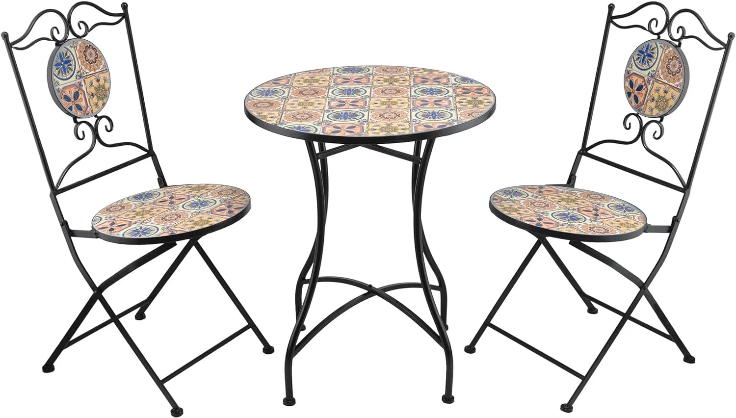 Mediterranean Tile Design Set Table  Chairs Patio Seating Garden Furniture, Multicolor
