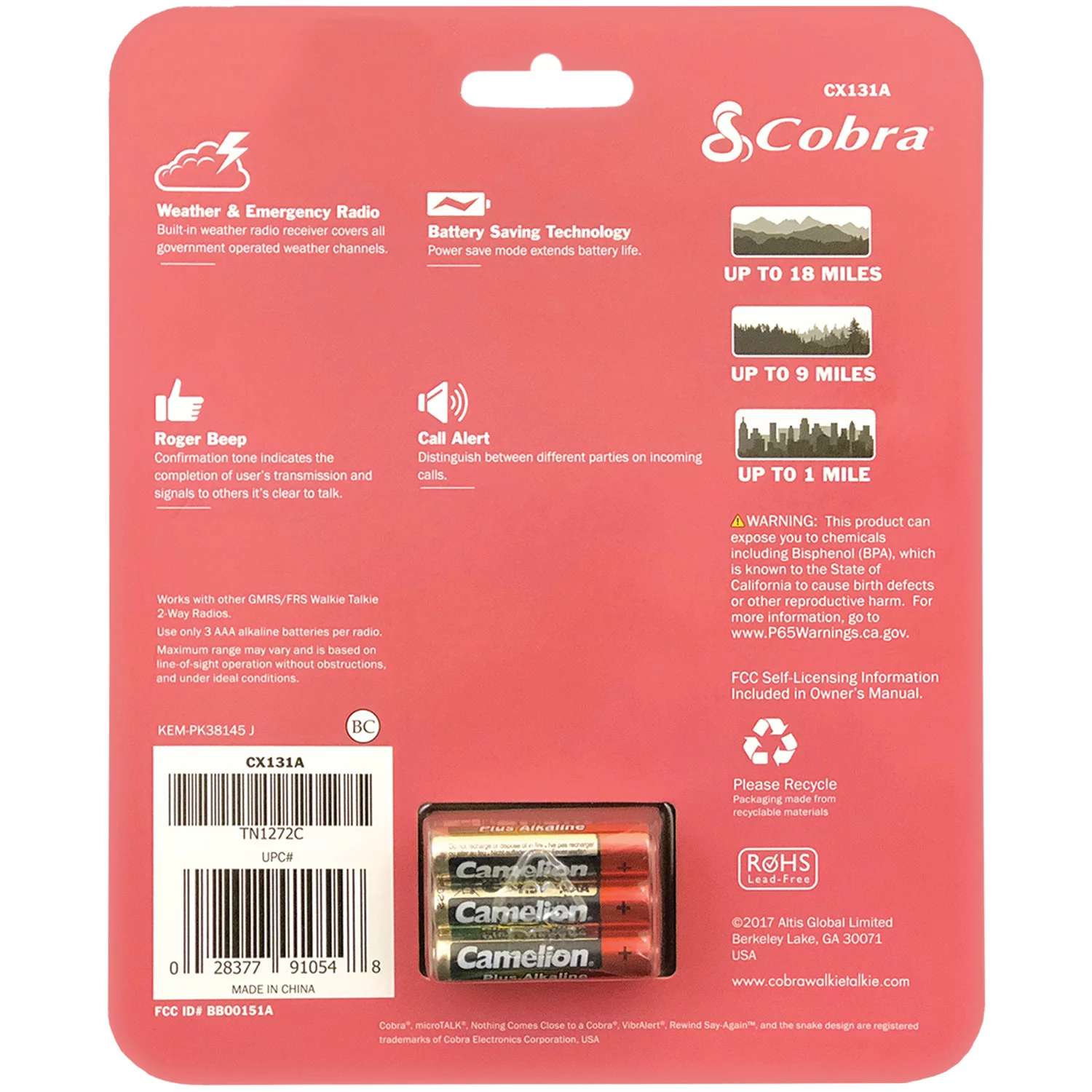 Cobra CX131A 18-Mile 2-Way Radios/Walkie Talkies (Pink)