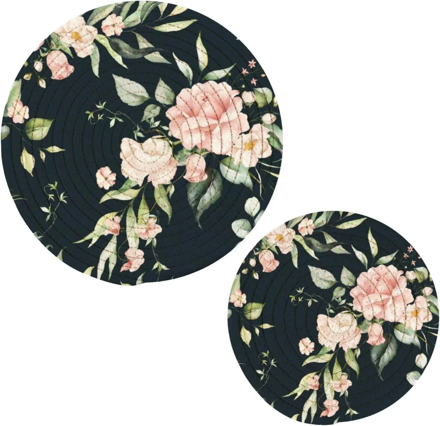 Watercolor Vintage Floral Potholders Set Trivets Set 2 PCS, Pink Flowers Summer Pot Holders for Kitchen, 100% Cotton Woven Hot Pads Trivets Set for Kitchen Heat Resistant, 7.09
